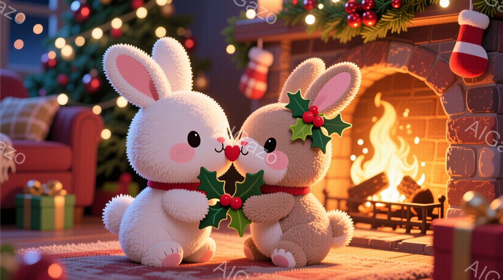 ふわふわの白いウサギが2匹、クリスマスツリーと暖炉の前で寄り添っています。それぞれ赤いリボンを首に巻き、頭には赤い実のついた冬緑の飾りをつけています。背景には、クリスマスツリー、プレゼント、暖炉があり - AI生成フリー素材