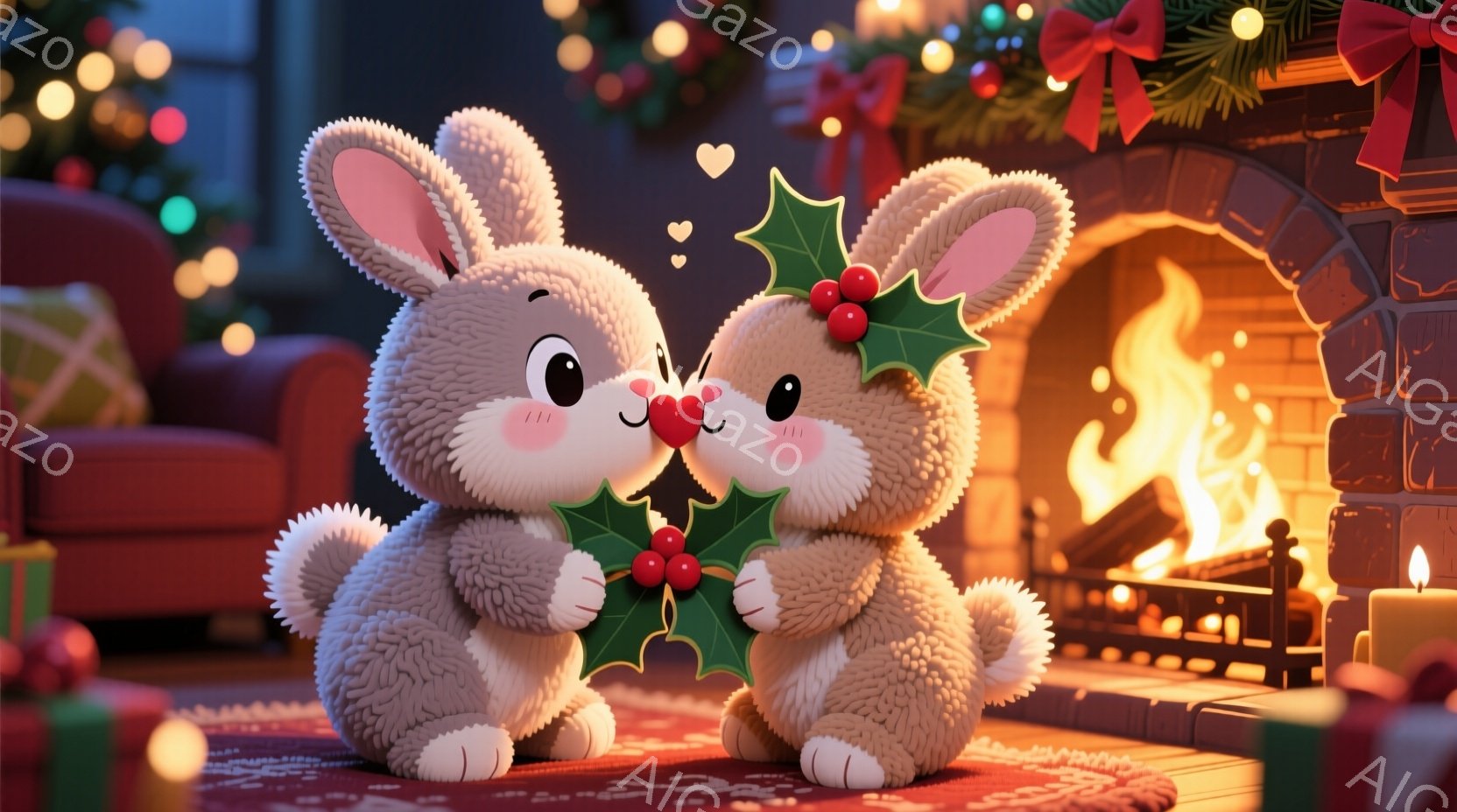 ふわふわのうさぎのカップルが、互いに顔を寄せ合い、クリスマスホリーの葉っぱを抱えています。彼らは赤い頬と幸せそうな表情で、愛らしい雰囲気を醸し出しています。背景には暖炉の炎、クリスマスツリー、そしてプレゼントの山があり、暖かい家族的なクリスマスの雰囲気が漂っています。