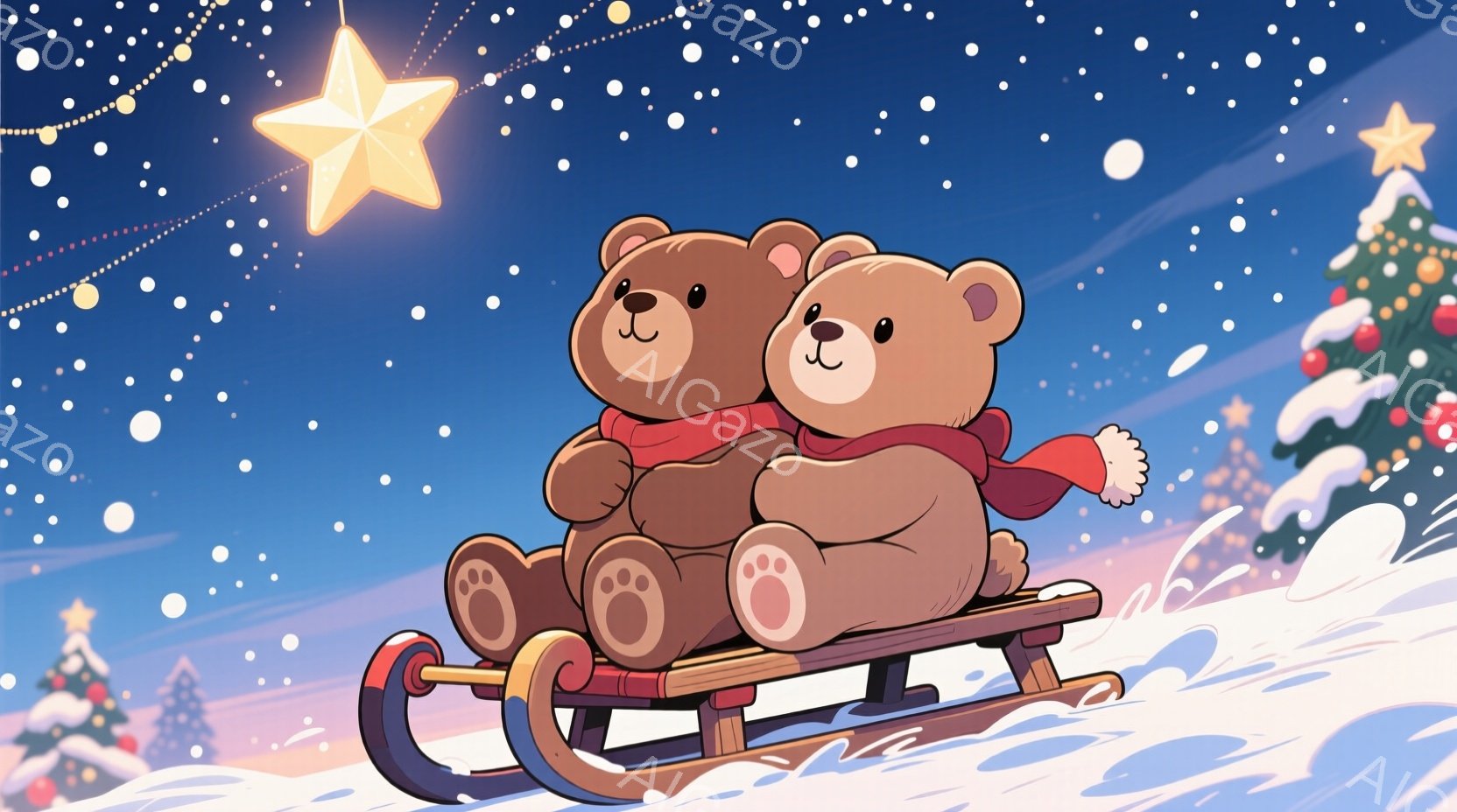 ２匹のクマがそりに乗って雪の上を滑っています。クマたちは赤いマフラーを巻いており、幸せそうな表情をしています。背景には雪に覆われた木々と、星空が広がり、温かく幻想的な雰囲気を醸し出しています。 - AI生成フリー素材