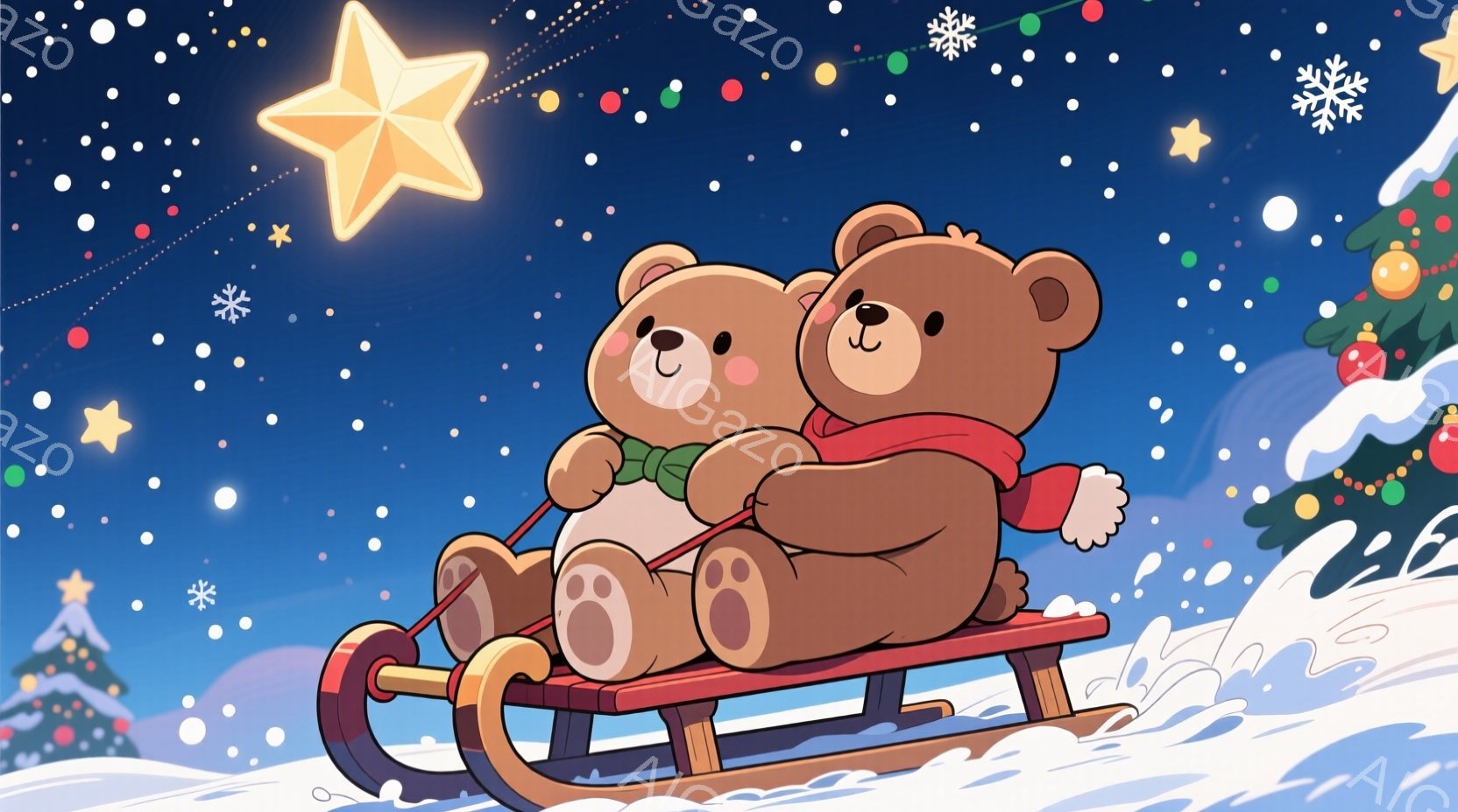 雪の中をそりに乗って楽しむ、茶色のクマのカップルが描かれています。クマたちは赤いスカーフを巻いており、寄り添い、幸せそうな表情を浮かべています。背景には、雪の降る夜空、キラキラと輝く星、そして飾り付け - AI生成フリー素材