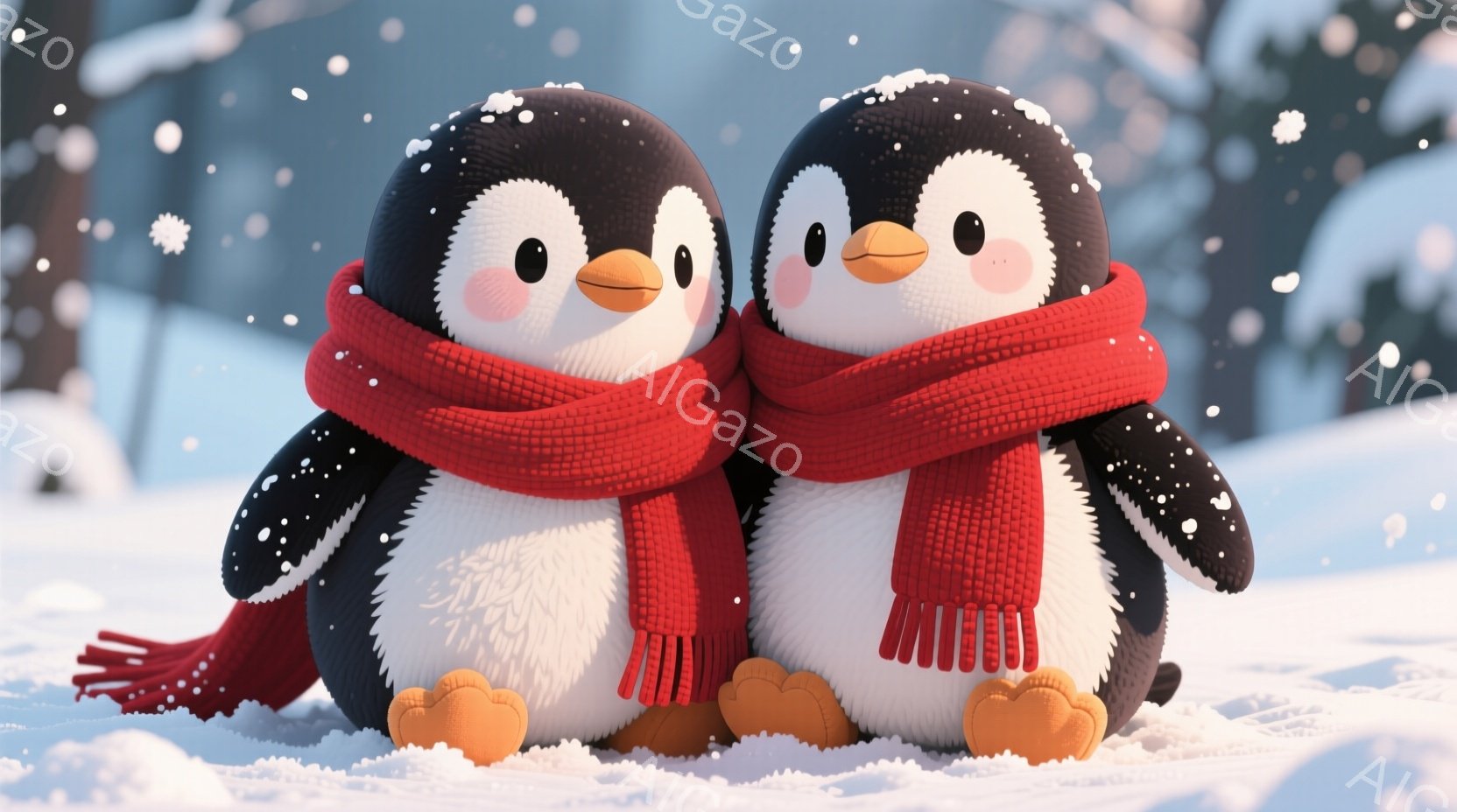 二羽のペンギンが寄り添って雪の中にいます。鮮やかな赤いマフラーを巻き、頬はほんのり赤く染まっています。背景には雪景色が広がり、遠くには山々が見え、全体的に温かく可愛らしい雰囲気です。 - AI生成フリー素材