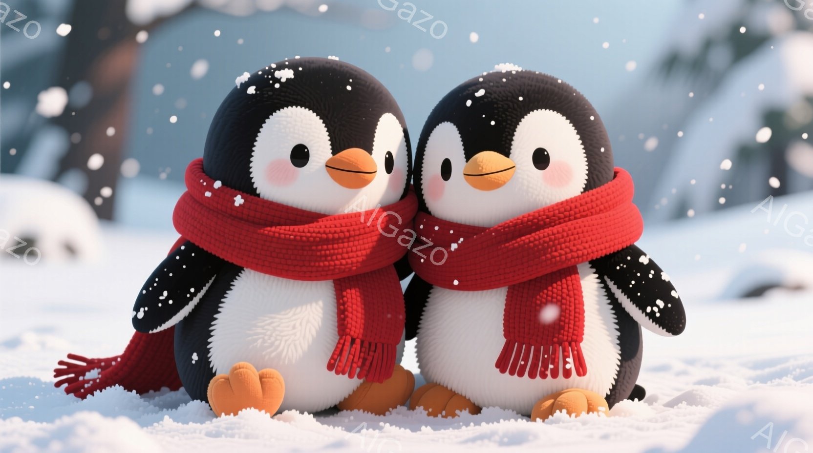 雪景色の中に、赤いマフラーを巻いた可愛らしいペンギンのペアが寄り添っています。ペンギンたちは丸い体とオレンジ色の足を持ち、つぶらな瞳と小さな黄色い鼻で愛らしい表情をしています。背景は雪に覆われた風景で、ぼんやりとした山々と白い雪が舞う冬の雰囲気を表現しています。