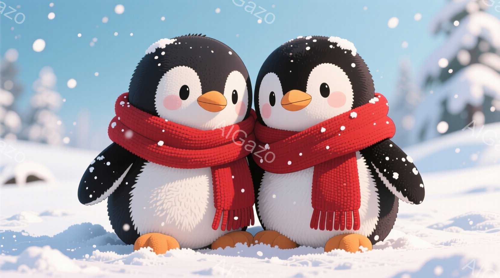 雪景色の中に、2羽のペンギンが寄り添って立っています。それぞれのペンギンは、白い胴体に黒い羽、オレンジ色のくちばしと足を持ち、赤い編み物のマフラーを巻いています。背景には雪に覆われた木々がぼんやりと見 - AI生成フリー素材