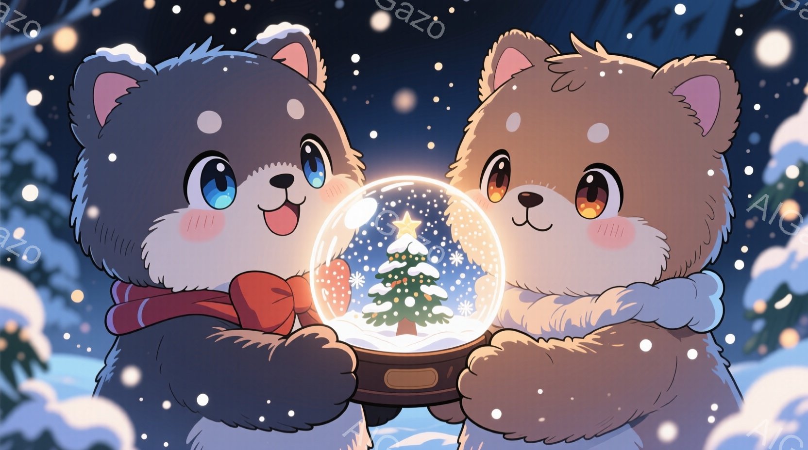 ふわふわの茶色いクマのキャラクターが二人、雪が舞う夜にスノーグローブを持っています。片方のクマは赤いマフラーを巻いており、もう片方のクマは白いマフラーを巻いています。スノーグローブの中には、星が輝くク - AI生成フリー素材