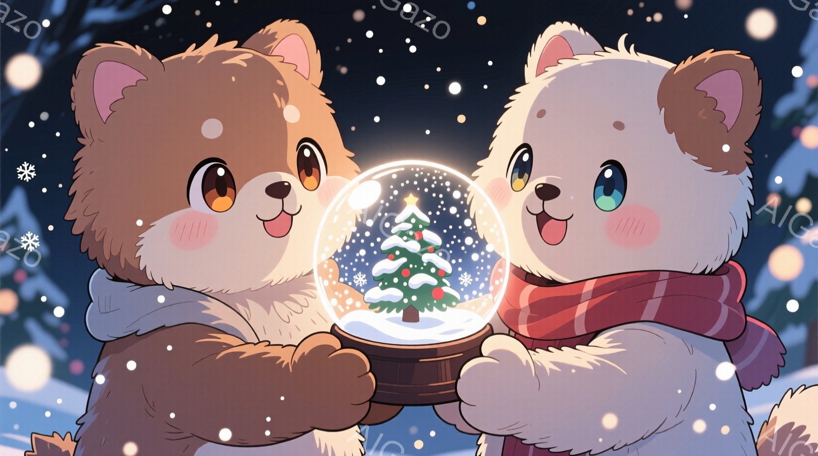 ふわふわの茶色のクマのキャラクターが二人、赤いストライプのマフラーを巻き、雪の結晶が舞う背景を前に、大きなスノーグローブを両手で持っています。クマたちは頬を赤らめ、キラキラと輝く笑顔でスノーグローブの中のクリスマスツリーを見つめています。全体的に暖かく、幸せで、冬の季節の雰囲気が漂っています。