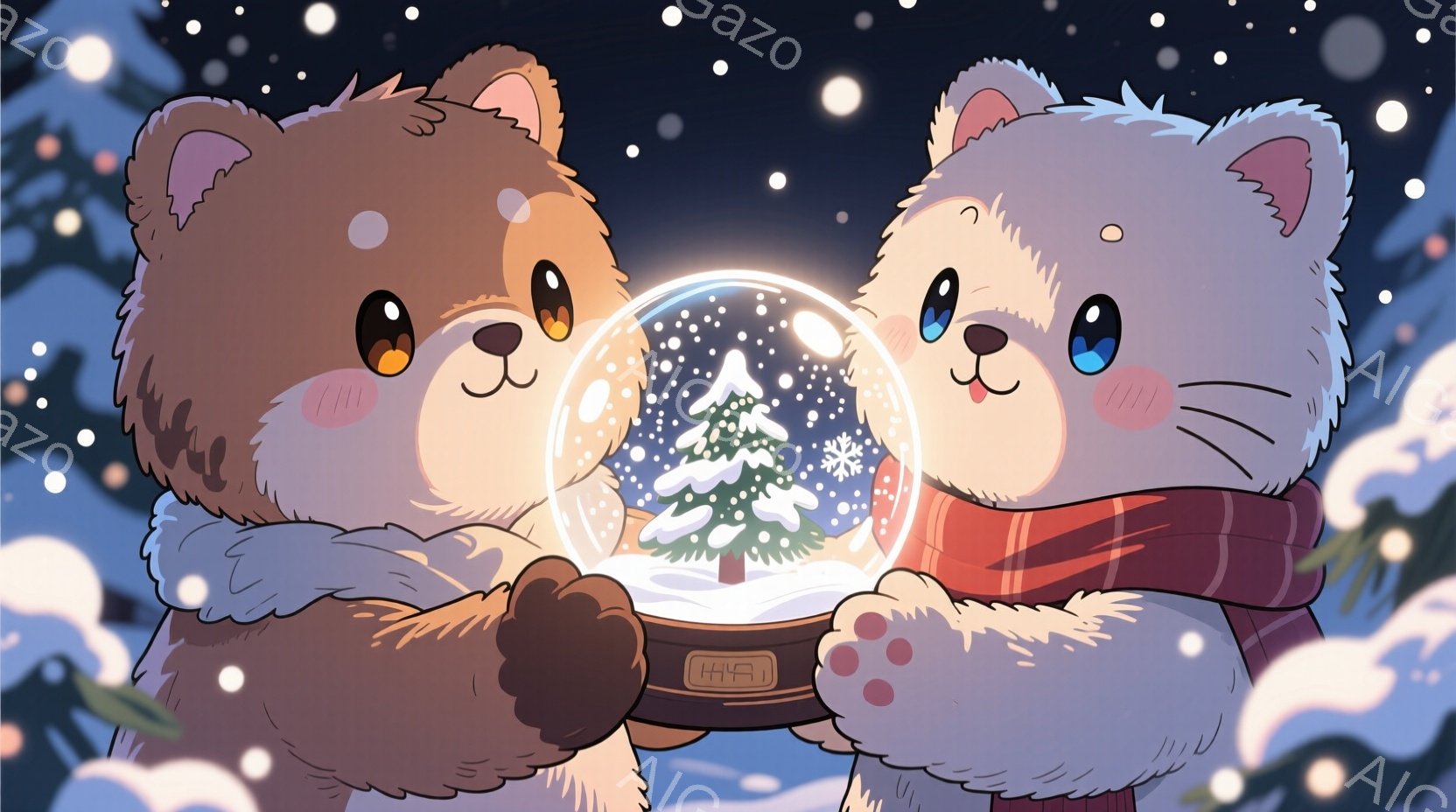 2匹の可愛らしいクマが雪の降る中でスノーグローブを持っています。どちらのクマも赤いマフラーを巻き、白い毛皮の縁取りが付いた白いコートを着ています。背景には雪が降る冬の風景が描かれており、全体的に暖かく、お祝いの雰囲気が漂っています。