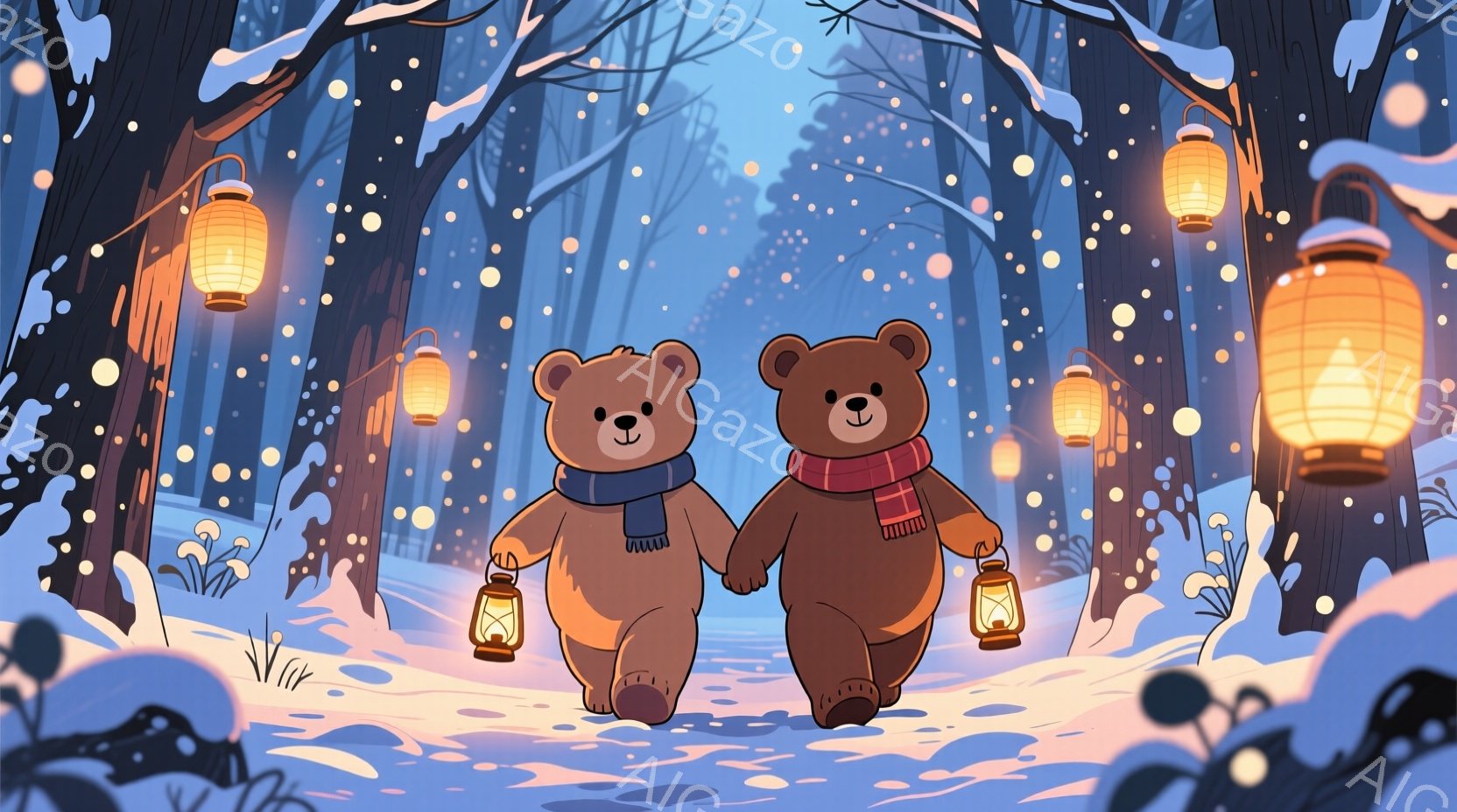 雪の中を二匹のクマが手をつないで歩いている。彼らはそれぞれ赤いマフラーと青いマフラーを巻いており、手に提灯を持っており、顔には穏やかな微笑みが浮かんでいる。背景は雪に覆われた森で、提灯の光が降り積もる - AI生成フリー素材
