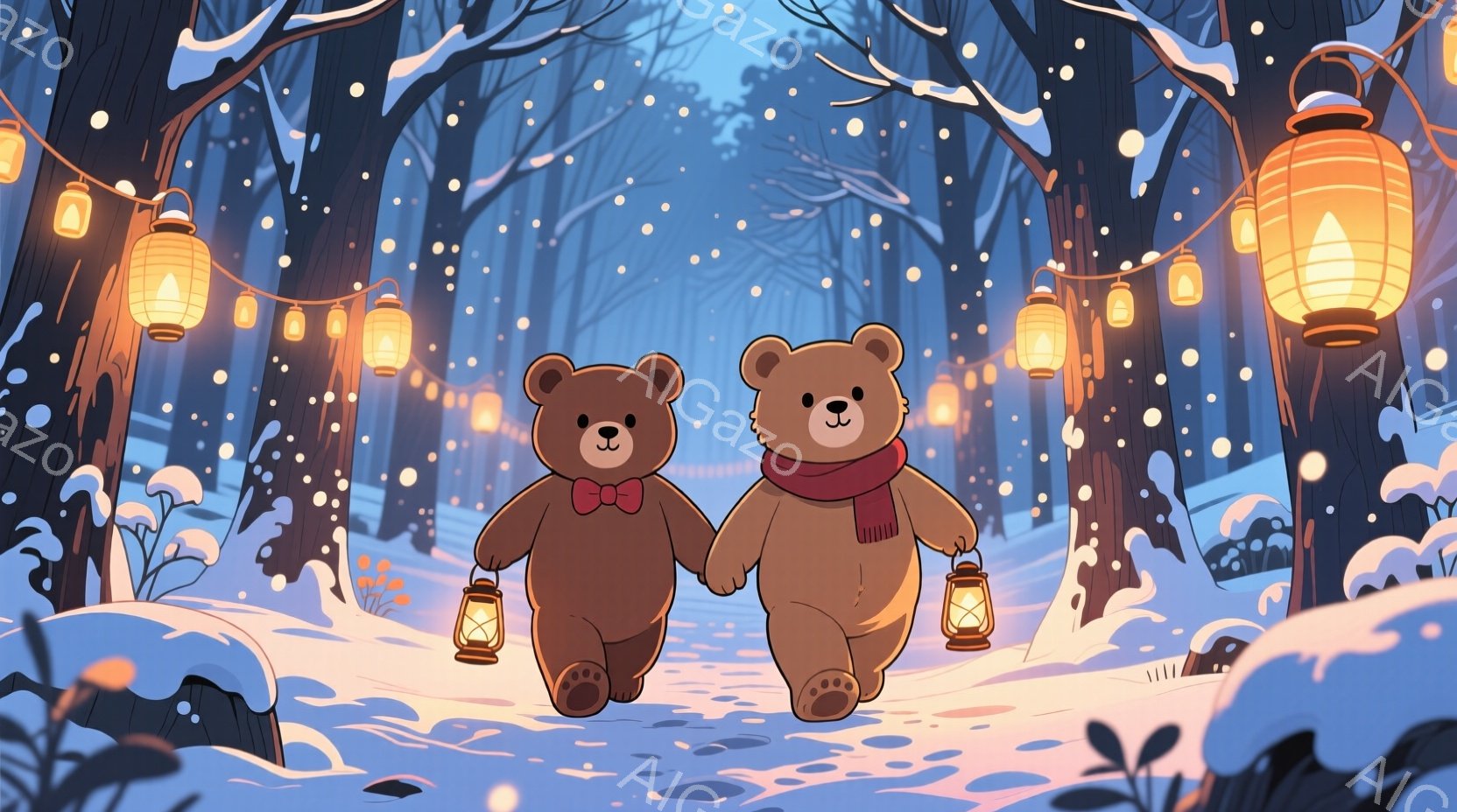 ２匹の茶色のクマが雪の中を並んで歩いています。一匹は赤いリボン、もう一匹は赤いストールを首に巻いており、それぞれ手に提灯を持って、楽しそうに歩いています。背景は雪に覆われた木々で、提灯の光が暖かく照ら - AI生成フリー素材