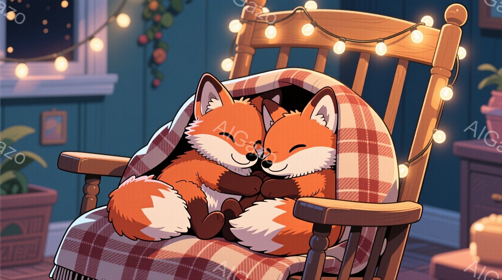 鮮やかなオレンジ色の毛並みを持つ二匹の狐が、チェック柄のブランケットに包まれてロッキングチェアで寄り添い合っている。背景には暖炉と植物、そしてきらめく電飾が飾られ、温かく心地よい雰囲気を醸し出している。全体的に静かで穏やかな、安らぎに満ちた情景が描かれている。