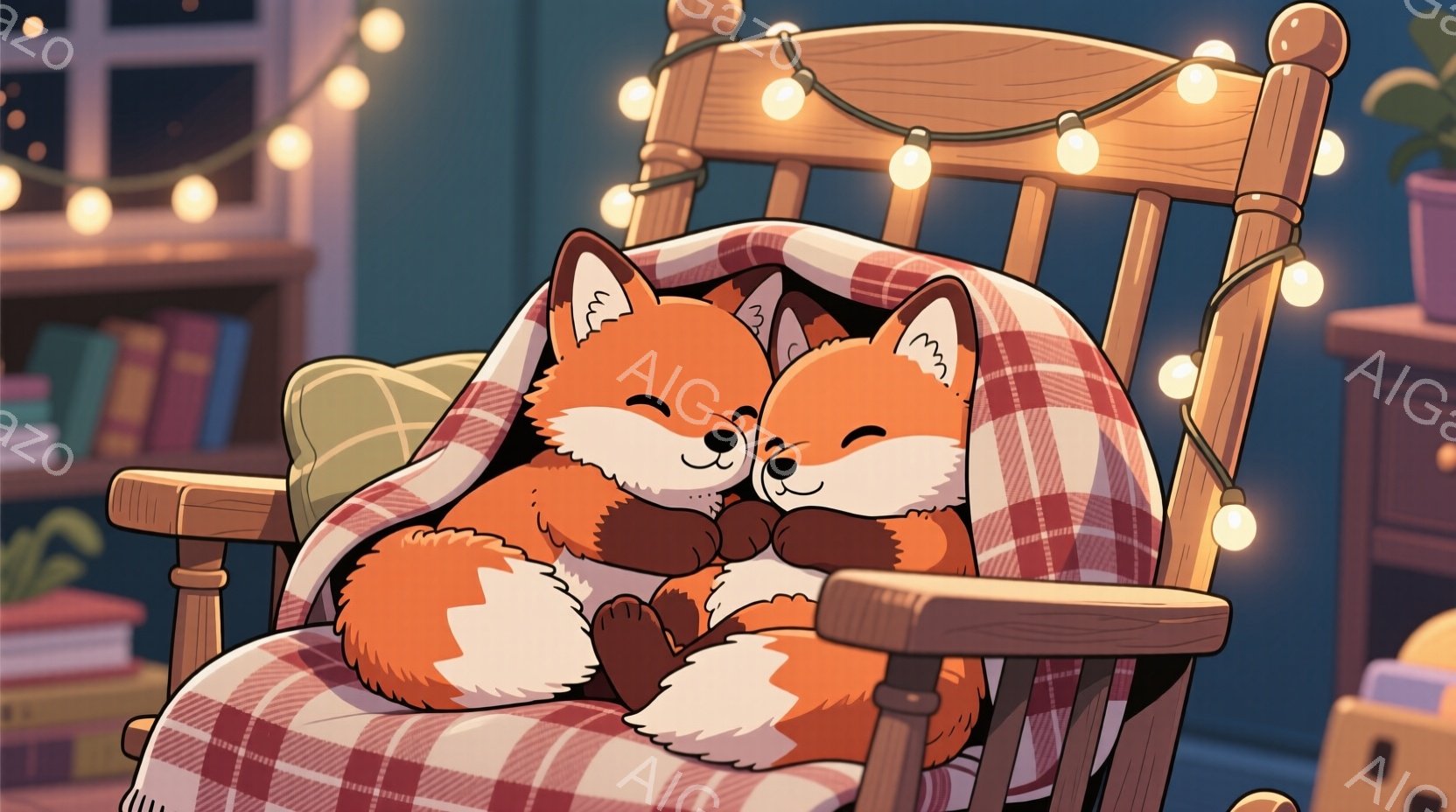 暖炉のある部屋のロッキングチェアに、二匹のオレンジ色のキツネが寄り添って眠っています。キツネたちは赤いチェック柄のブランケットに包まれ、穏やかで幸せそうな表情をしています。背景には本棚や植物が見え、暖 - AI生成フリー素材