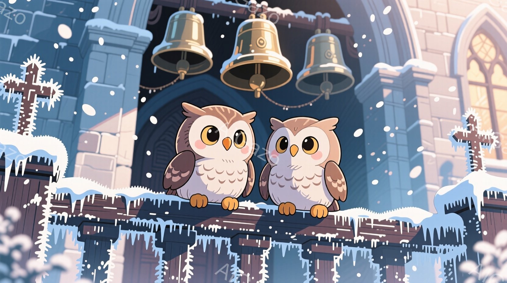 雪が降る中、二羽の愛らしいフクロウが、鐘楼の屋根の上に並んで座っている。フクロウたちは大きな目と丸い体をしており、まるで冬の寒さも気にしないかのように、穏やかな表情を浮かべている。背景にはゴシック様式の建物が見え、雪で覆われた屋根や装飾が冬の静寂な雰囲気を醸し出している。