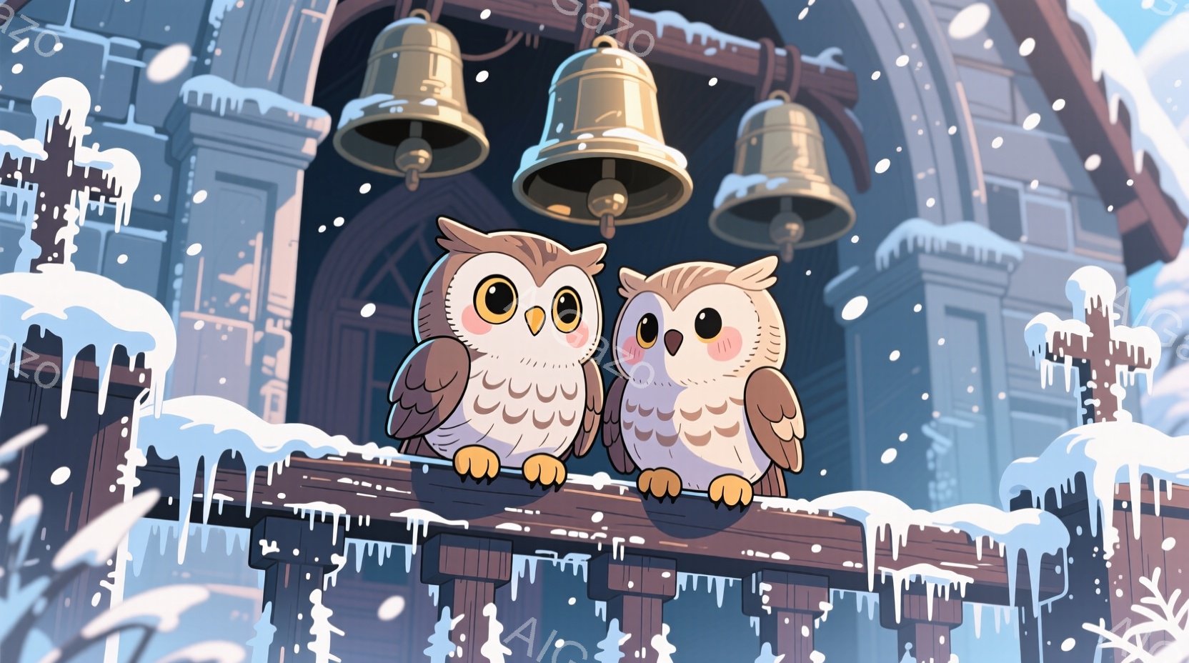 雪に覆われた屋根の上に並んで座っている2羽の可愛らしいフクロウが描かれています。フクロウたちは大きな丸い目で、少し照れたような表情をしています。背景には、雪で覆われた建物や鐘楼が見え、雪が舞い散る冬の穏やかな雰囲気が漂っています。
