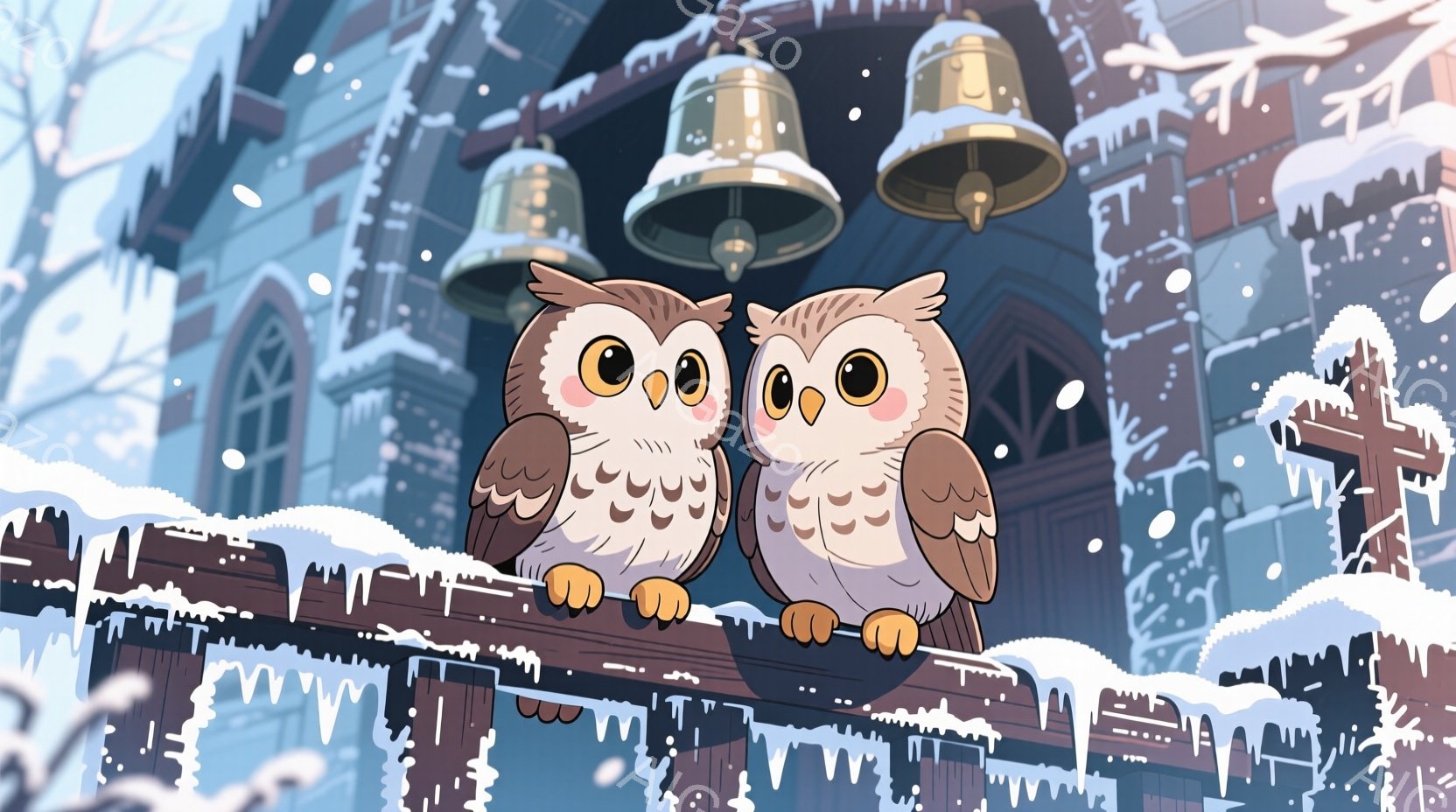 雪が舞う中で、二羽のフクロウが古い建物の屋根の端に並んで座っています。可愛らしい表情で、丸い目とふっくらとした体つきが特徴的で、お互いに寄り添うようにして暖を取り合っているようです。背景には尖塔や鐘楼が見え、冬の静かで幻想的な雰囲気を醸し出しています。
