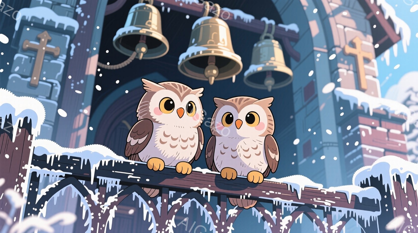 2羽のフクロウが凍てつくような木製の柵の上に座っており、大きな丸い目で前を見つめています。背景には、雪で覆われた塔や鐘楼が立ち並び、凍り付いたような装飾が施されています。全体的に、寒く静かな冬の日の、可愛らしい雰囲気です。