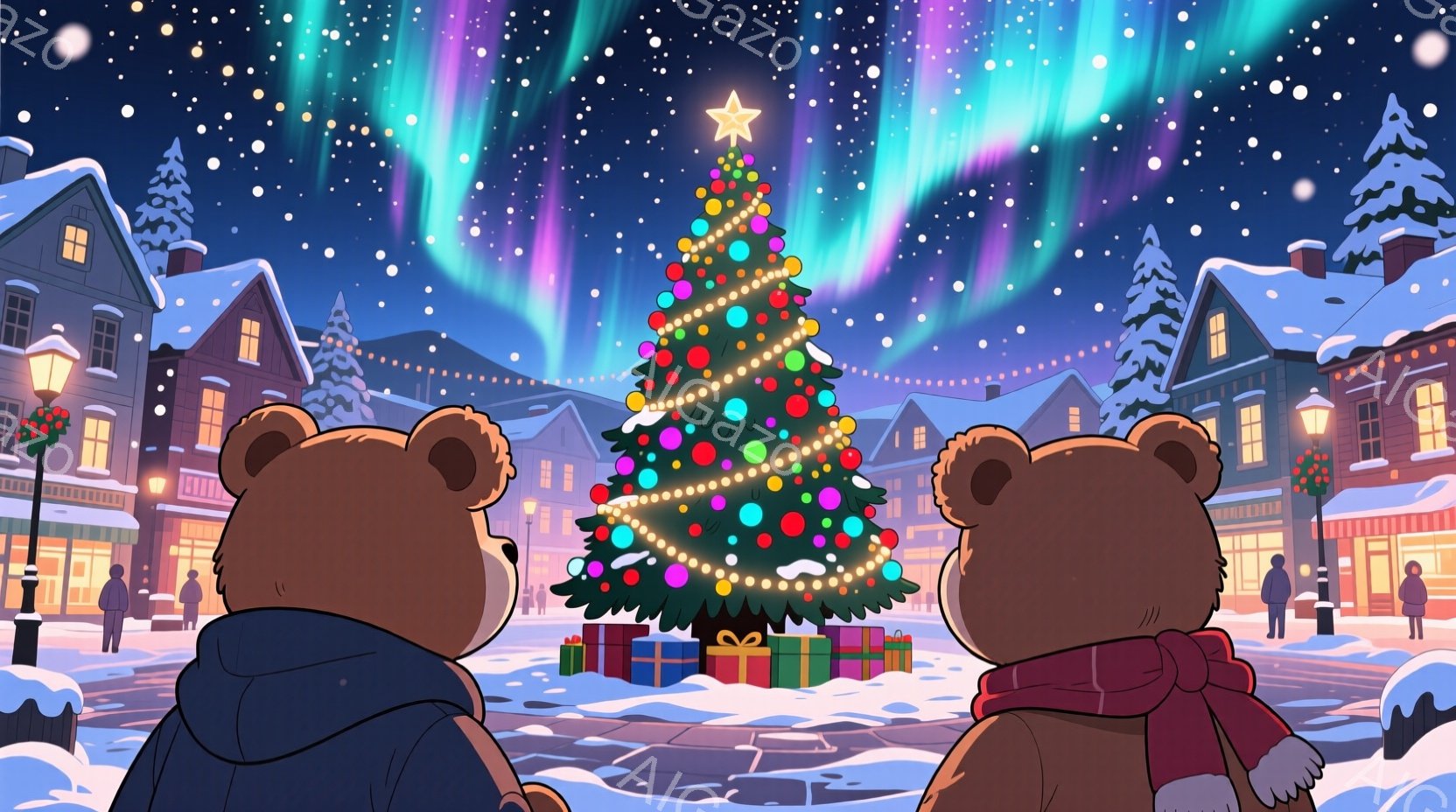 広場の中央には、色とりどりのオーナメントで飾られた大きなクリスマスツリーが立っており、プレゼントボックスが足元に並べられています。二匹のクマのキャラクターが並んでツリーを見上げており、赤いマフラーを巻 - AI生成フリー素材