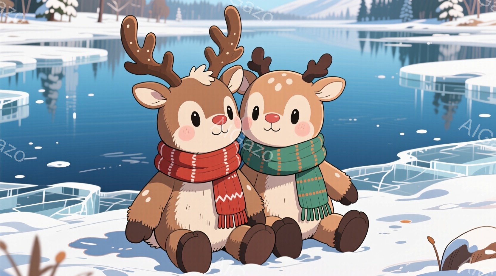 ２匹の可愛らしいトナカイが寄り添って雪の上に座っています。彼らはそれぞれ赤と緑のストライプのネックウォーマーを巻いており、温かく幸せそうな表情をしています。背景には雪に覆われた山々と凍った湖があり、冬の穏やかな雰囲気を醸し出しています。