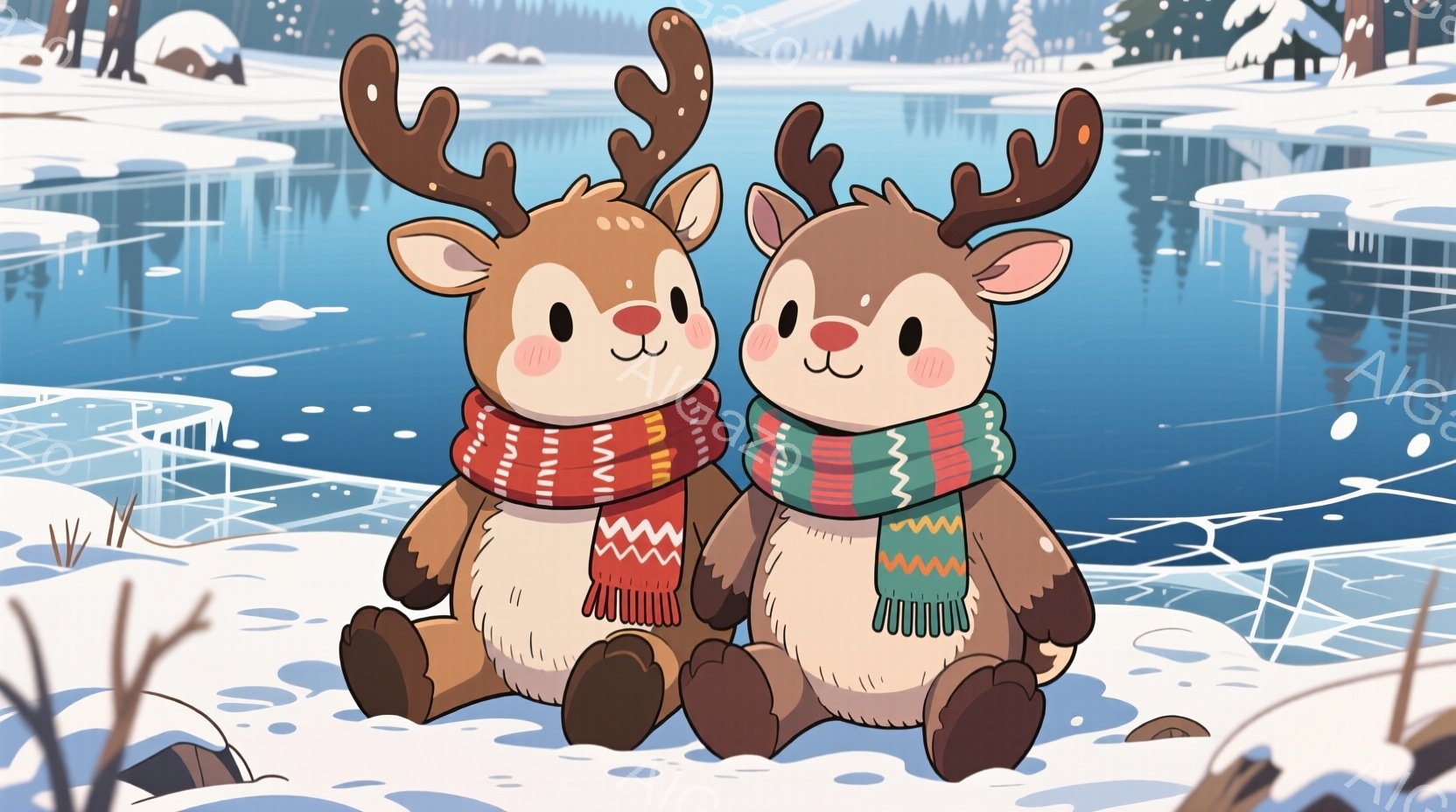 雪景色の中で寄り添う2匹の可愛らしいトナカイが描かれています。それぞれ赤い縞模様と緑色の縞模様のニットセーターとマフラーを着用し、暖かく微笑んでいます。背景には雪に覆われた地面と、遠くに見える針葉樹の - AI生成フリー素材