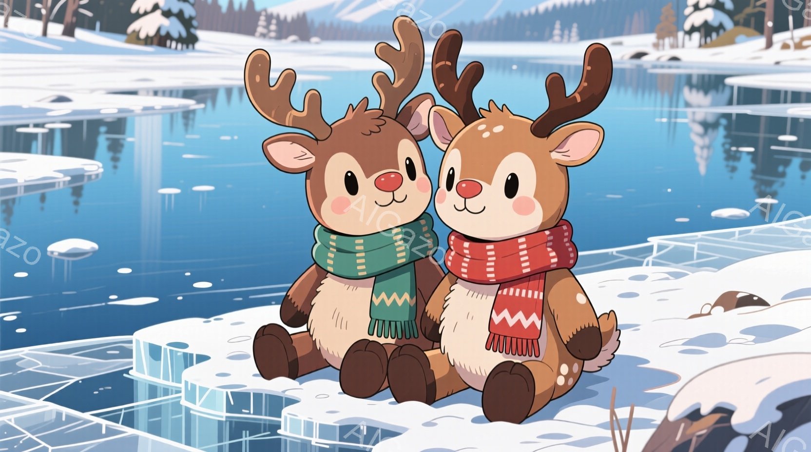 2匹の愛らしいトナカイが凍った湖の上に座っており、それぞれ緑と赤のニットのネックウォーマーを巻いています。彼らは穏やかな表情で互いに寄り添い、暖かさと親愛の雰囲気を醸し出しています。背景には雪を頂いた - AI生成フリー素材