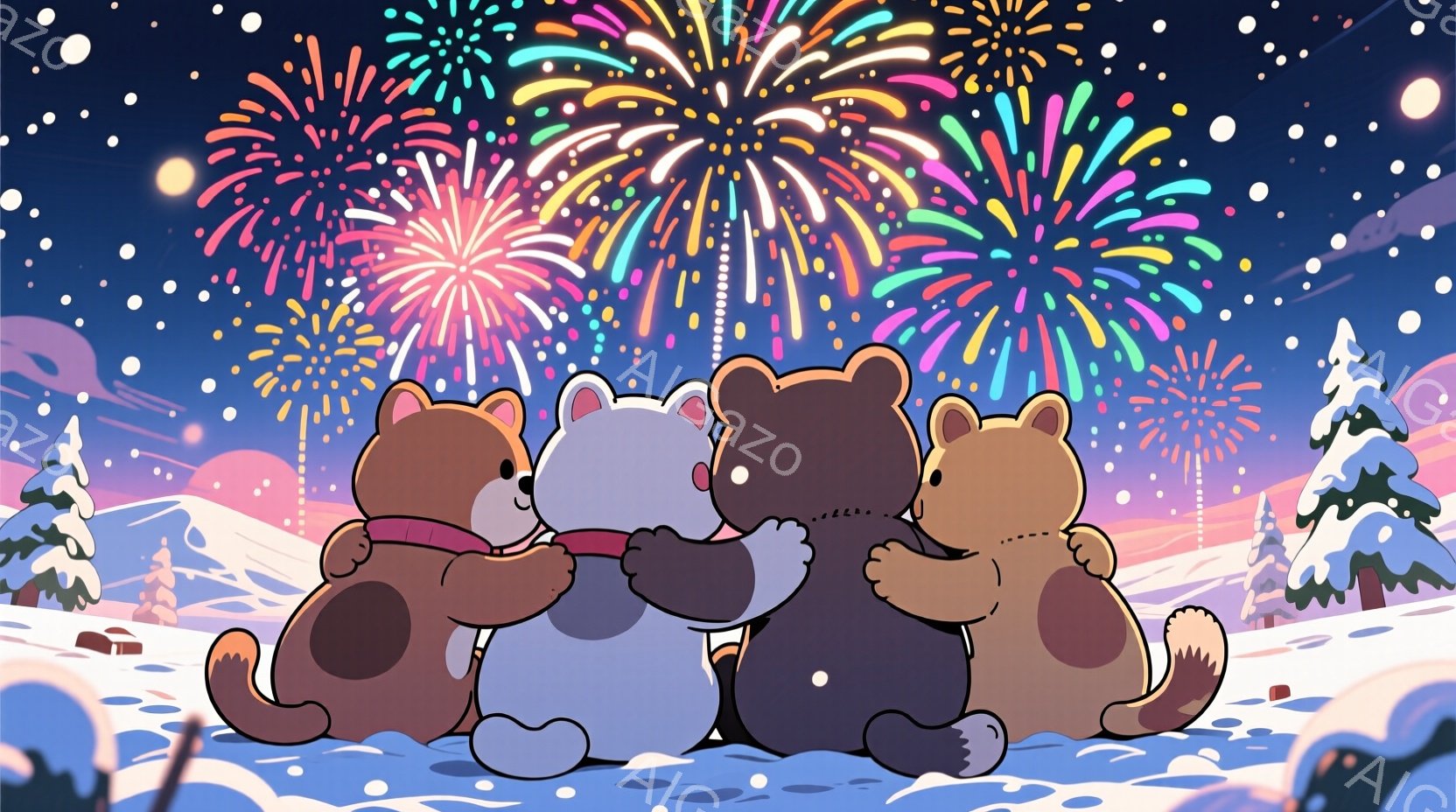 三匹のクマが雪景色の中で寄り添い合っている。それぞれのクマは異なる色のセーターを着ており、温かく微笑んでいる。背景には、色とりどりの花火が夜空を彩り、雪に覆われた木々と雪が舞う幻想的な冬の風景が広がっ - AI生成フリー素材