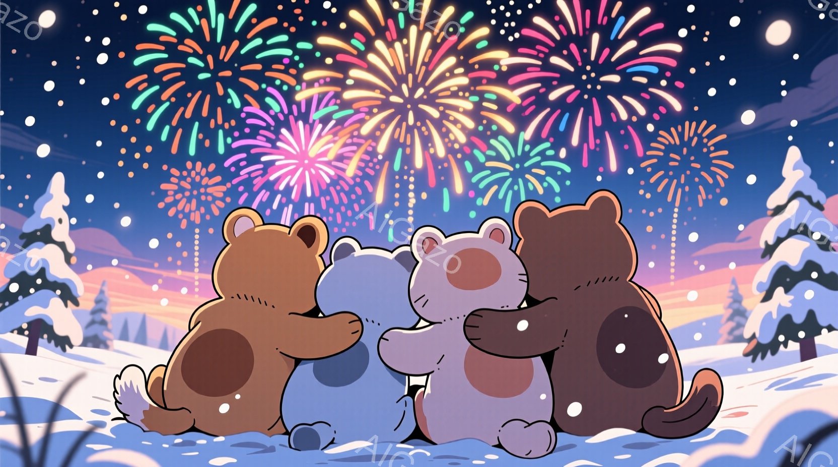 雪景色の中で寄り添う3匹のクマが描かれています。クマたちはそれぞれ茶色、白、薄いグレーの色をしており、暖かなマフラーを巻いています。背景には、雪に覆われた木々と、夜空に咲き乱れる色鮮やかな花火が広がり - AI生成フリー素材