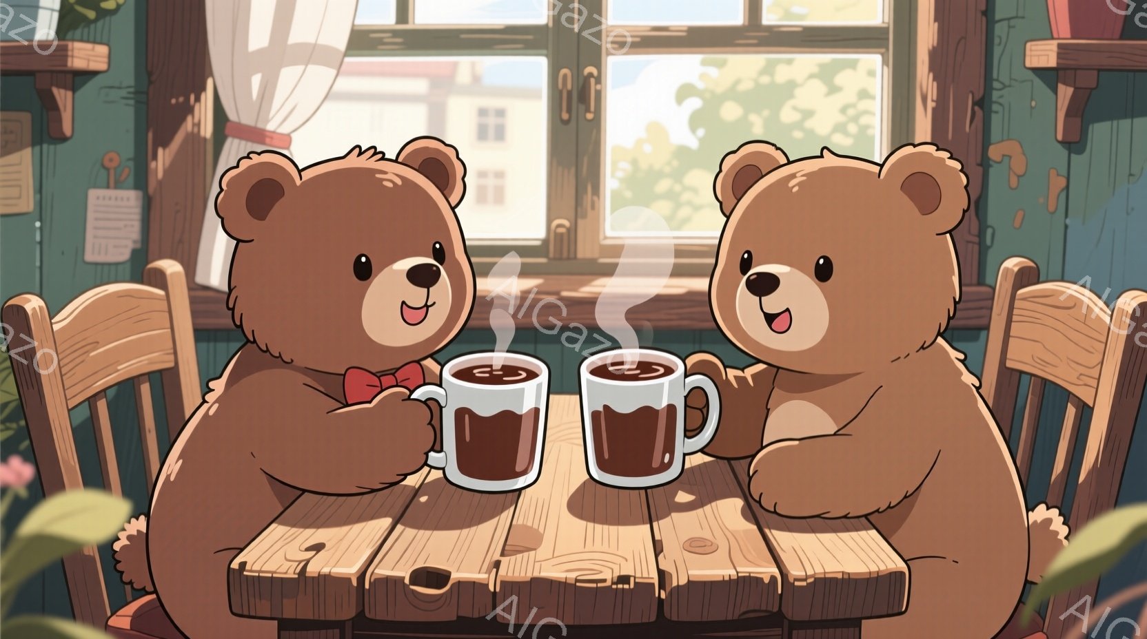 二匹のテディベアがテーブルを挟んで向かい合って座っており、それぞれ手にコーヒーカップを持っています。ベアの一匹は赤い蝶ネクタイを着用しており、両方とも微笑んでおり、楽しそうな雰囲気が漂っています。背景には窓と植物が見え、暖かく穏やかな時間が描かれています。