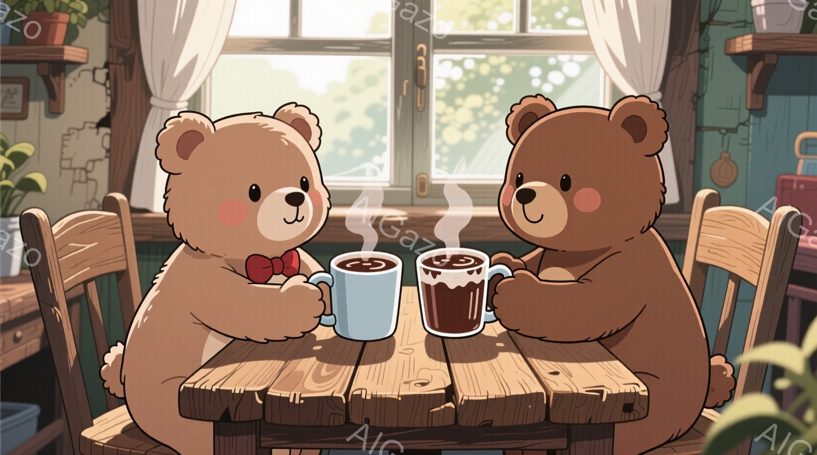 2匹のテディベアがテーブルを挟んで向かい合って座っており、それぞれ手に湯気の立つマグカップを持っています。背景には窓から見える緑豊かな木々があり、室内には木製の家具や植物が配置され、温かくて居心地の良い雰囲気が漂っています。ベアたちは可愛らしい表情で、リラックスした時間を過ごしている様子が伺えます。