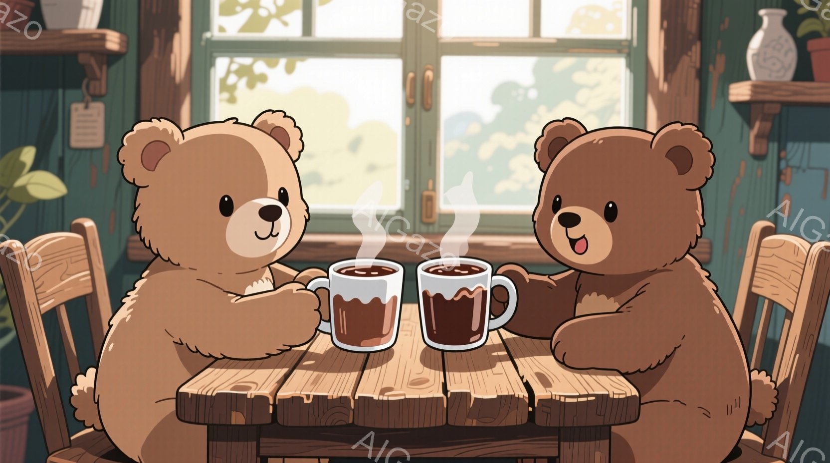 温かい雰囲気の室内で、コーヒーカップを手に持った2匹のテディベアが描かれています。ベアたちは椅子に座り、微笑みながらお互いに向き合っており、ほほえましい光景です。背景には窓から差し込む光、木製のテーブ - AI生成フリー素材