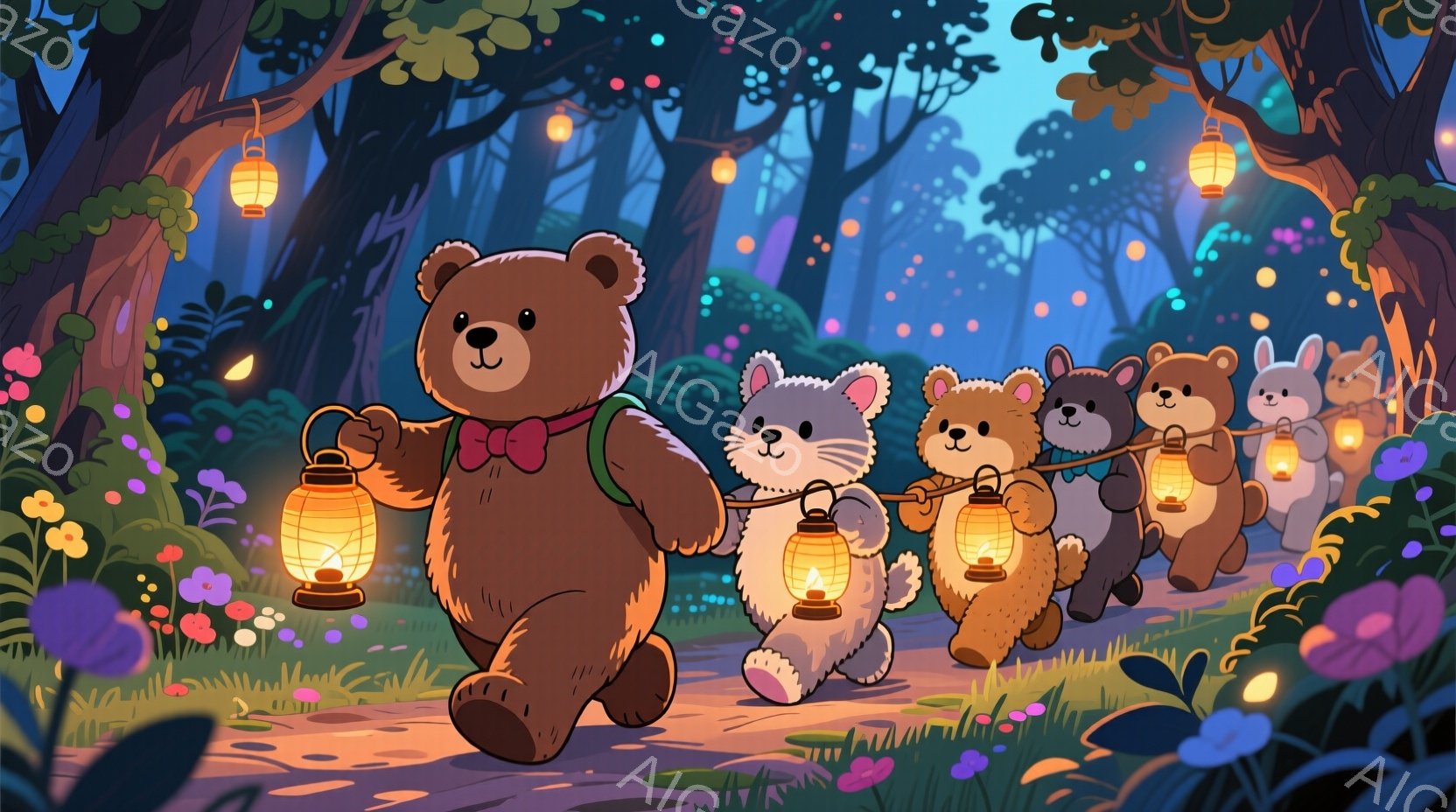 熊、猫、そしてウサギの動物たちが、夜の森の道を提灯を手に進んでいる様子が描かれています。彼らは皆、可愛らしい服装をしており、笑顔で一列に並んで歩いています。背景には緑豊かな木々や花々が広がり、幻想的で - AI生成フリー素材
