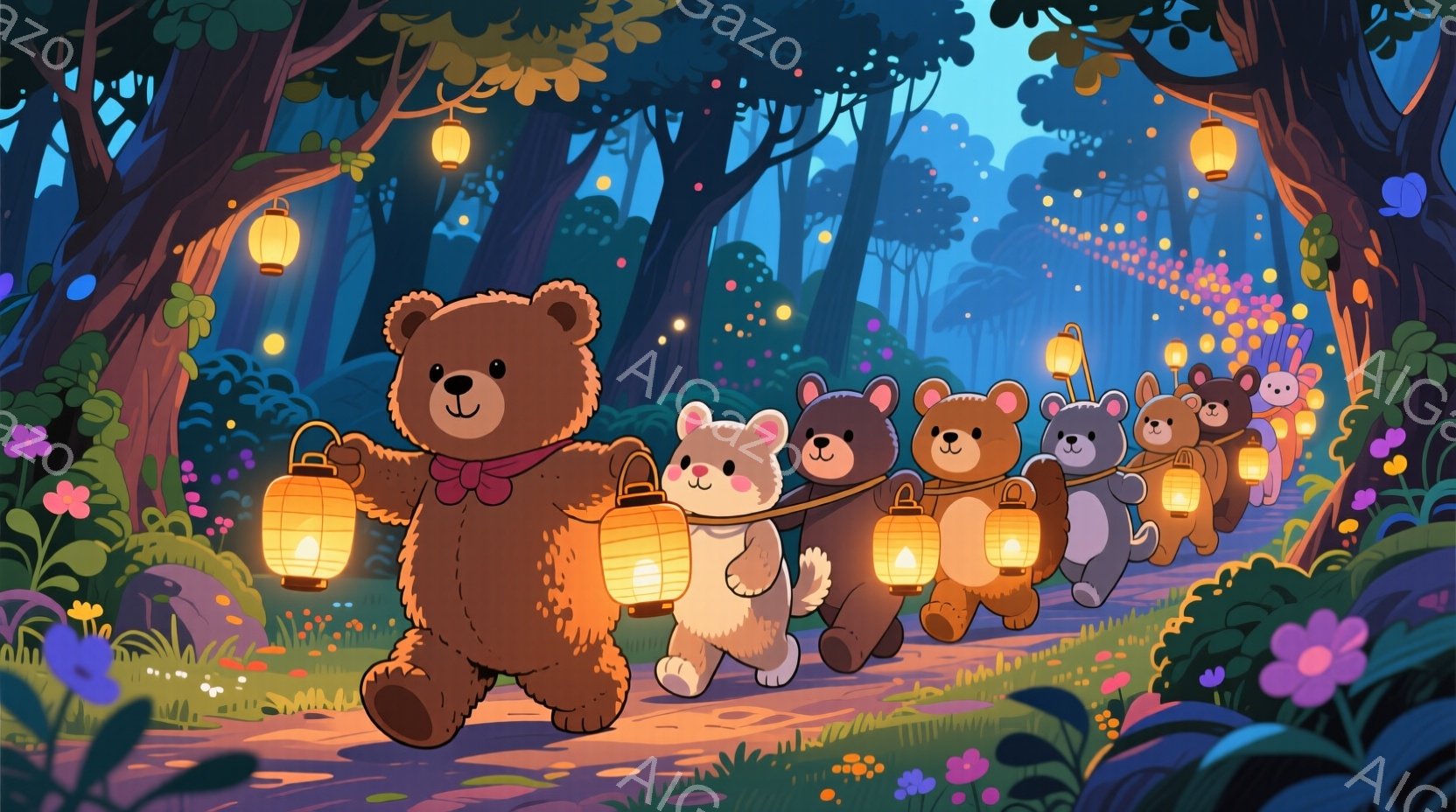 複数のクマたちが、それぞれ提灯を持って森の中を列をなして歩いている様子が描かれている。クマたちは皆、様々な色の毛並みで、可愛らしい表情をしており、提灯の優しい光が彼らを照らしている。背景には緑豊かな木 - AI生成フリー素材