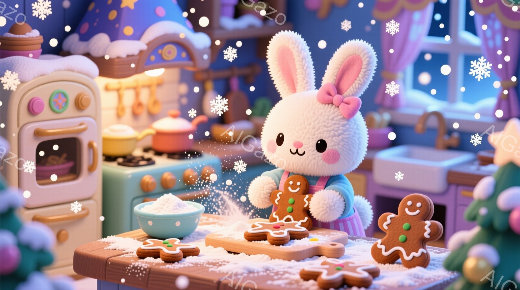 白いウサギがピンク色の服を着て、ジンジャーブレッドクッキーを作っています。ウサギは赤いリボンで髪を結び、幸せそうな笑顔を浮かべています。背景には暖炉、クリスマスツリー、雪が降る夜空があり、温かく心地よ - AI生成フリー素材
