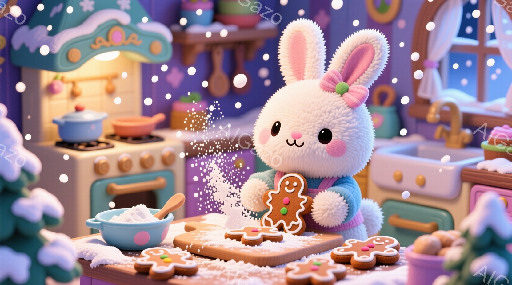 ふわふわの白いウサギが、緑色のセーターとピンクのリボンをつけて、キッチンでジンジャーブレッドクッキーに粉をふりかけています。ウサギは笑顔で、粉を振りかける動作は楽しげです。背景には、雪が降る夜の可愛らしいキッチンがあり、暖炉やオーブン、クッキーなどが配置され、温かく幸せなクリスマスの雰囲気が漂っています。