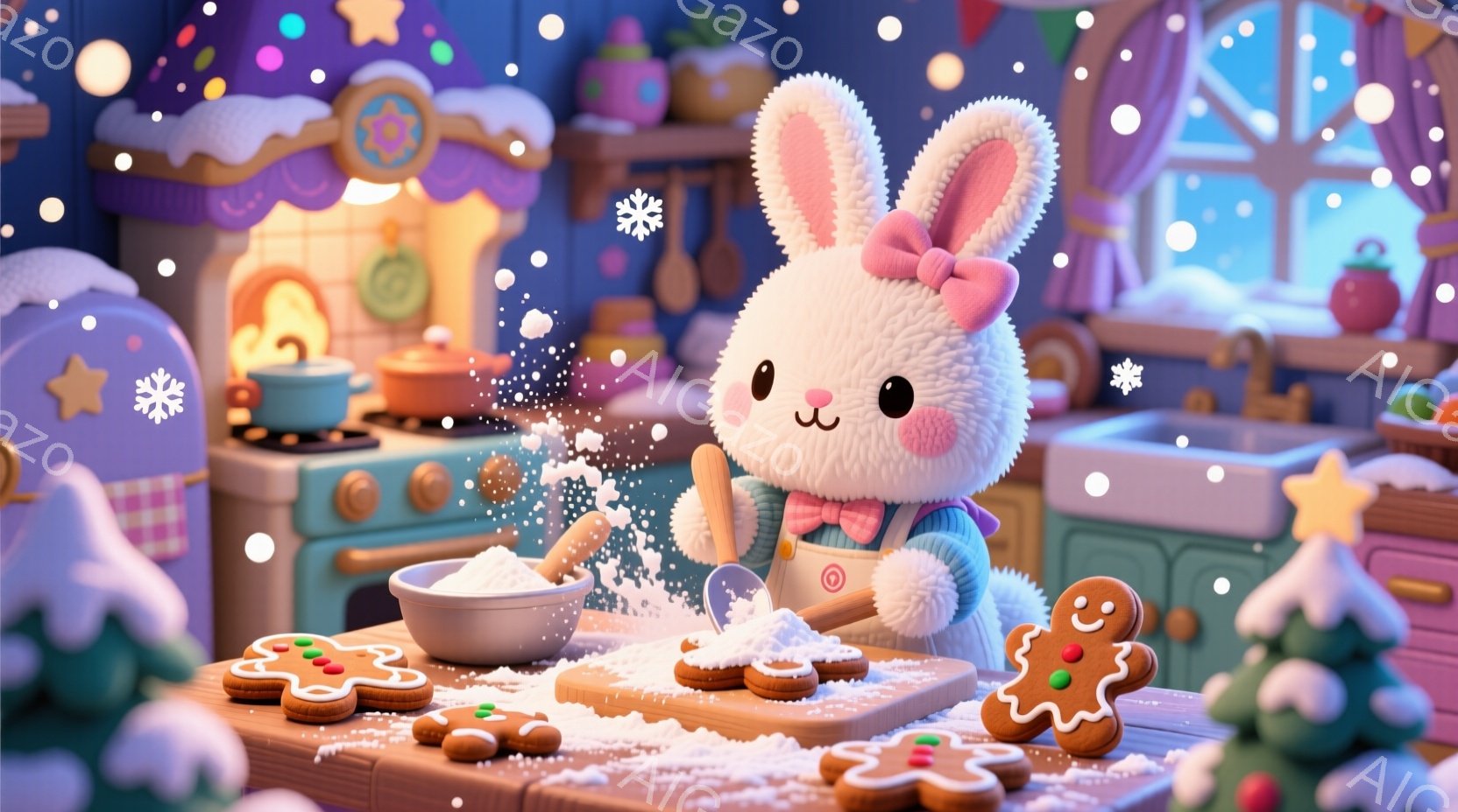 白いウサギが小麦粉をまき散らしながらクッキー作りをしている様子が描かれています。ピンクのリボンで結んだ耳と、エプロンを着たウサギは、楽しそうな表情で小麦粉を混ぜています。背景には、クリスマスツリーやオーブン、雪が降る窓が見え、温かく、お祝いムード満点の雰囲気です。