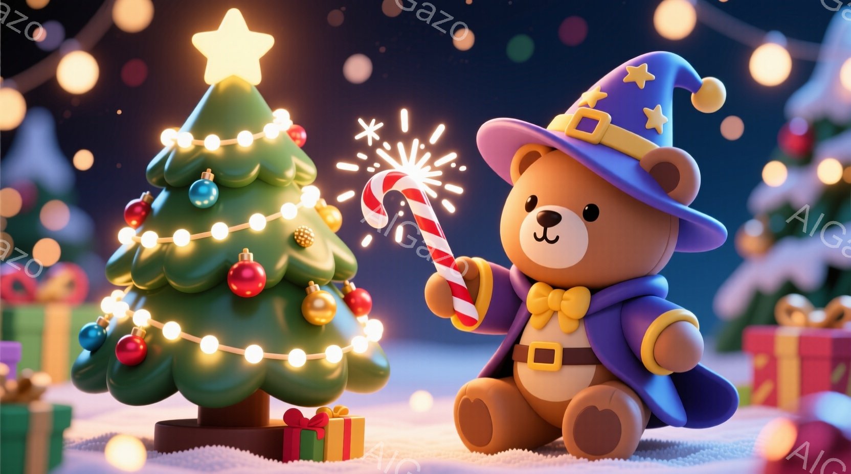 暖炉のそばで、クリスマスの装飾がされた緑色のクリスマスツリーと、杖を持ったかわいらしいクマのぬいぐるみがあります。クマは紫色のマントと帽子を身に着け、明るい黄色い蝶ネクタイを結んでいます。背景には、ぼ - AI生成フリー素材