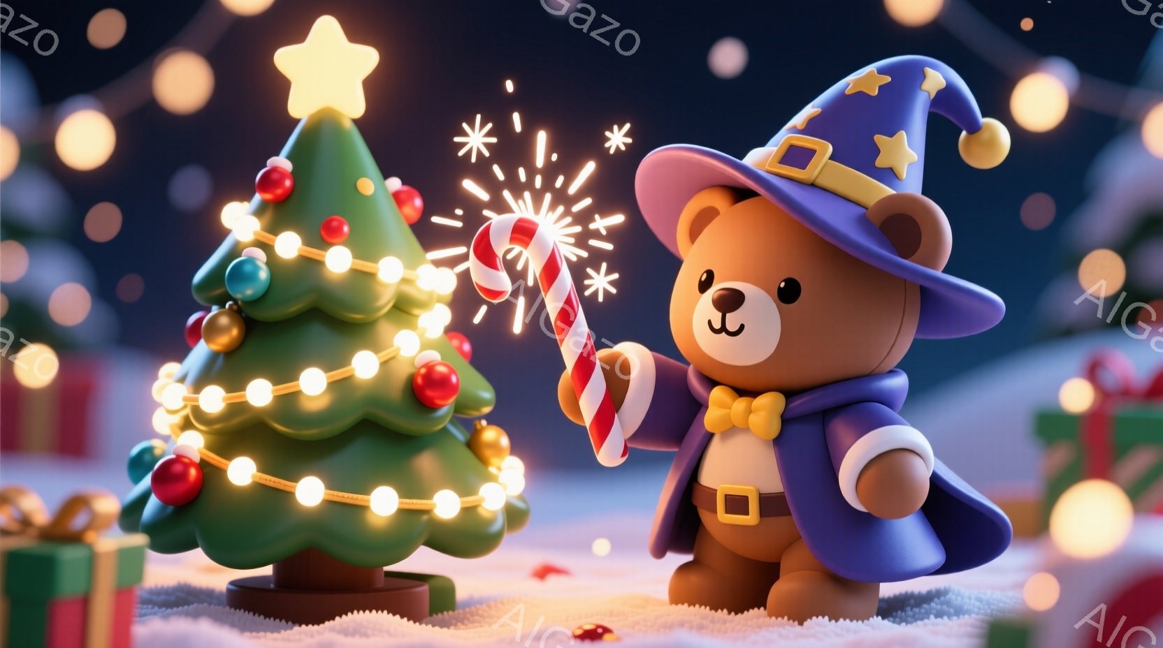 暖炉のような緑色のクリスマスツリーが明るい光で飾られ、キャンディケーンを持つクマの魔法使いが立っています。クマは紫色のローブと帽子を身につけ、楽しそうな表情でキャンディケーンを振ると、キラキラとした光が飛び散っています。背景には雪景色と、プレゼントボックスのようなものがぼんやりと見え、全体的に暖かく、お祝いムードに包まれています。