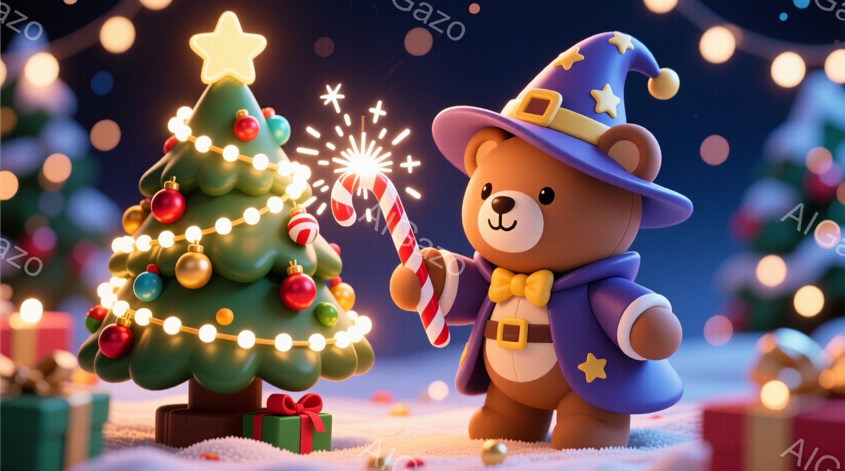 ぬいぐるみのようなクマが、魔法使いの衣装を着て、光る杖を持って立っています。背景には、装飾されたクリスマスツリーやプレゼント箱があり、雪が降り積もる幻想的な冬景色が広がっています。全体的に暖かく、お祝いムードにあふれた、可愛らしい雰囲気です。