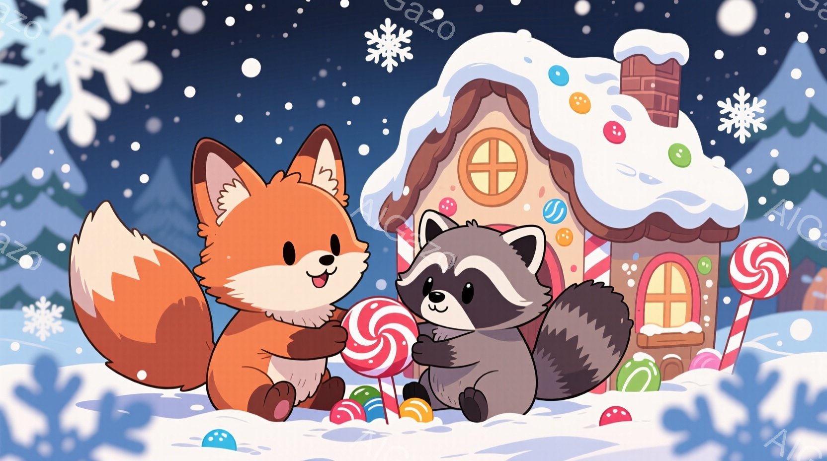 赤いキツネと灰色のタヌキが、雪景色の中でキャンディを分け合っています。背景には、カラフルな装飾が施された可愛らしい家があり、雪が降り積もっています。全体的に温かく、楽しい冬の雰囲気が漂っています。