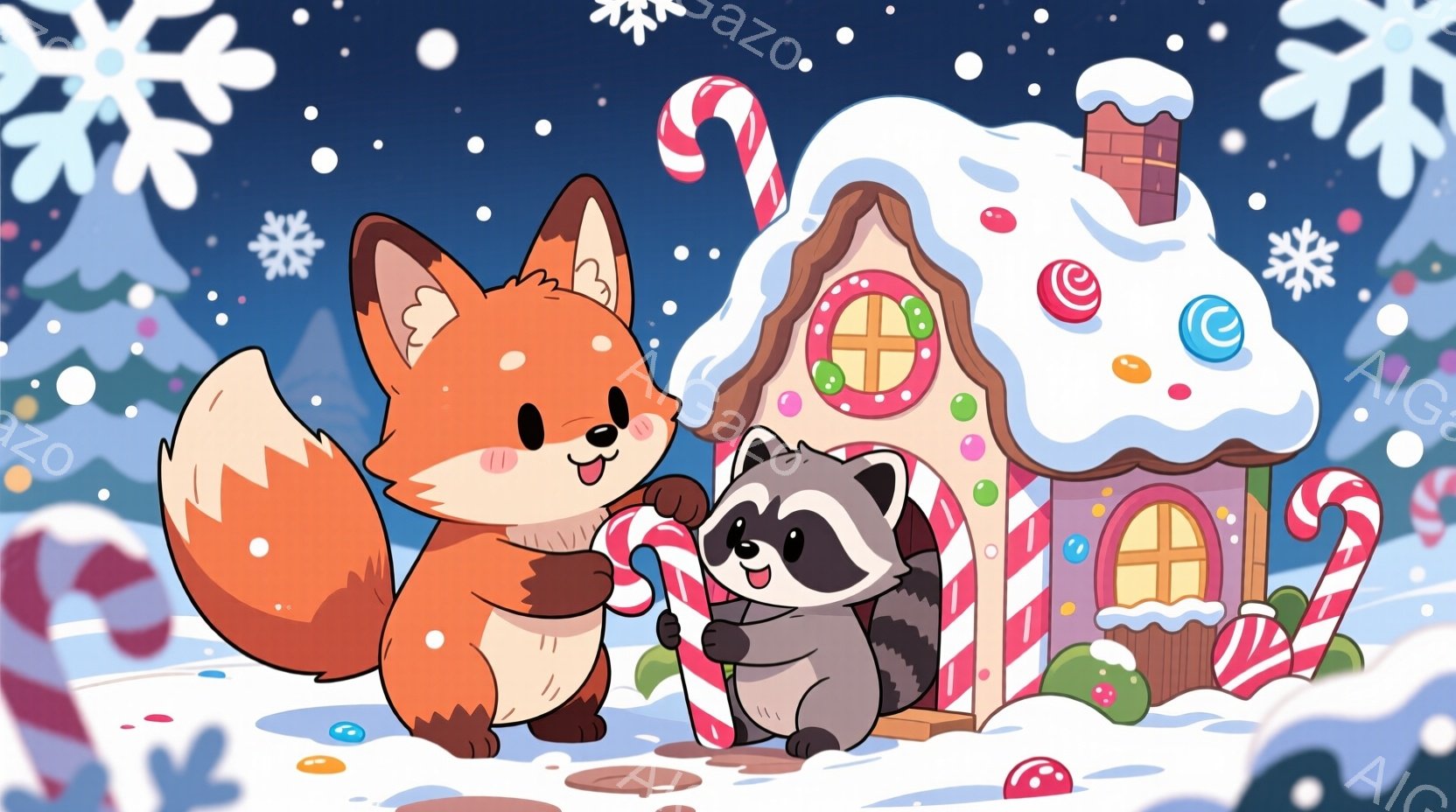 オレンジ色の狐と、灰色の狸が、キャンディケーンの装飾がされたお菓子の家と雪景色の中にいます。狐は大きなキャンディケーンを持ち、狸は両手を組んで立っており、どちらも楽しそうな表情をしています。背景には、雪が降り積もり、緑色の木々が描かれており、全体的に暖かく、お祭りのような雰囲気が漂っています。