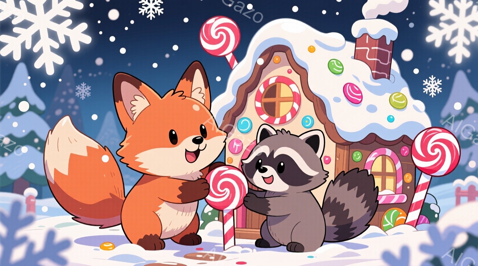 オレンジ色のキツネと灰色のタヌキが、キャンディケーンと大きな渦巻きキャンディを持っている。背景には、お菓子で飾られた可愛らしい家があり、雪が舞っている。全体的に暖かく、お祝いの雰囲気で、冬の楽しいシーンが描かれている。