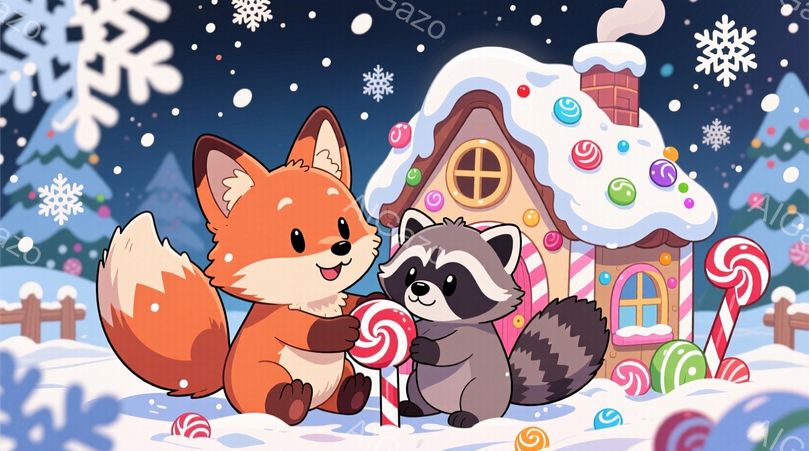 オレンジ色のキツネと灰色のタヌキが、雪景色の中でキャンディを持っている。キツネは笑顔でキャンディを掲げ、タヌキは少し控えめな表情でキツネの隣に立っている。背景には、カラフルなキャンディで飾られた可愛らしい家があり、雪が舞い散る幻想的な雰囲気を醸し出している。