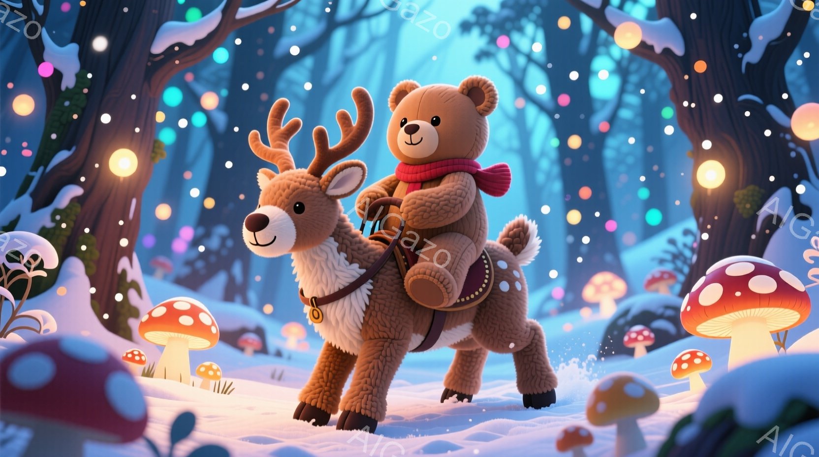ふわふわの茶色のクマのぬいぐるみは、角のある茶色のトナカイにまたがっています。クマは赤いスカーフを巻いており、トナカイは鞍を背負い、雪の中を駆け抜けています。背景には雪で覆われた木々と、色とりどりのき - AI生成フリー素材
