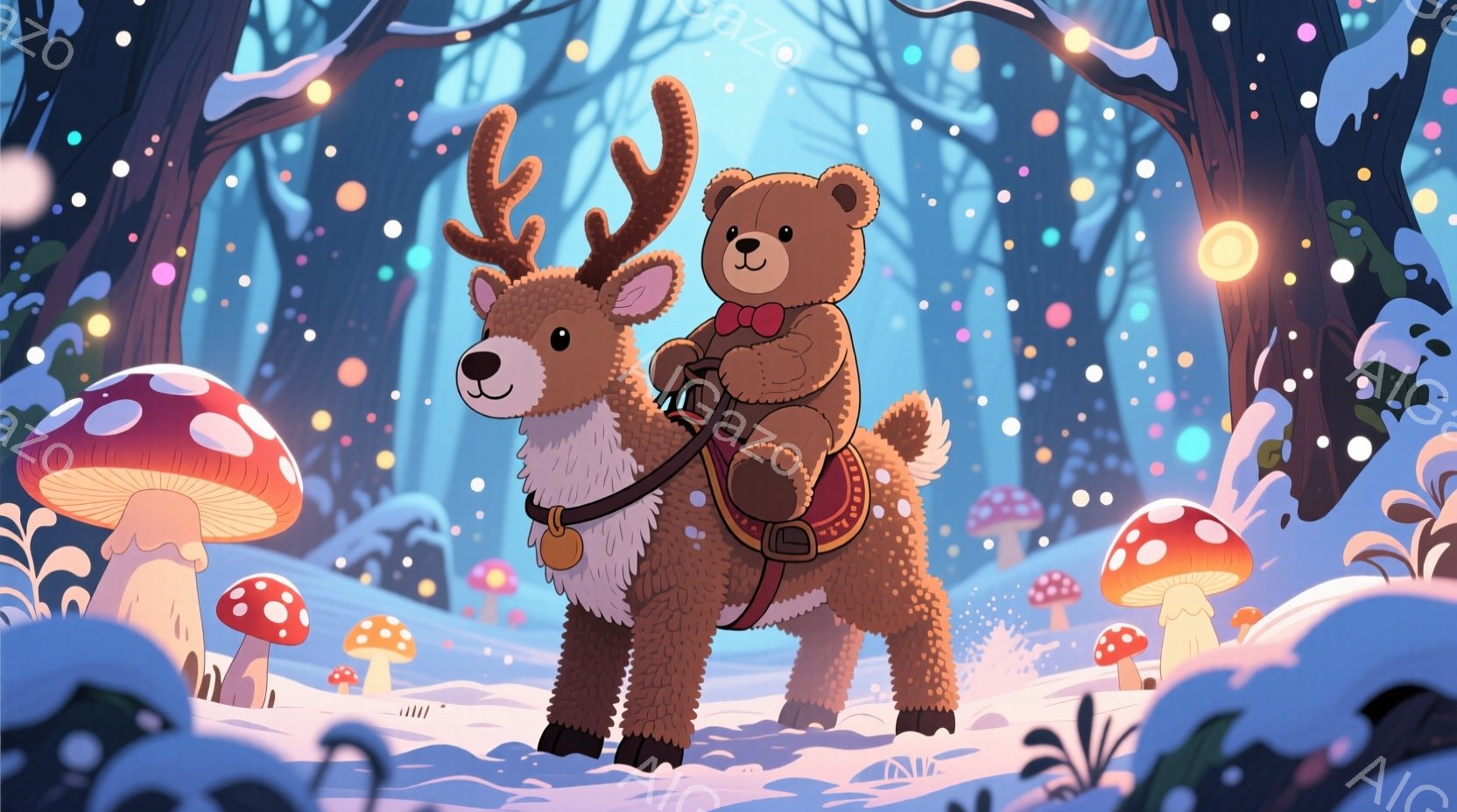 ぬいぐるみのような茶色のクマが、トナカイにまたがって雪の中を歩いている。トナカイは赤い鞍と白い胸当てを身に着け、クマは赤いリボンで結ばれた小さな帽子をかぶっている。背景には雪に覆われた森が広がり、様々なキノコが生えており、暖かい光が差し込み、幻想的な雰囲気を醸し出している。
