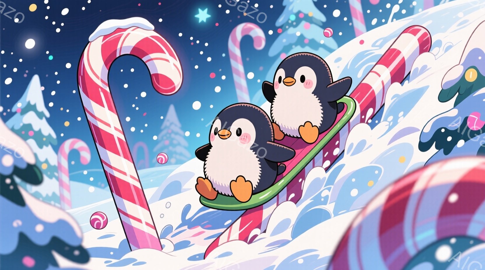 雪の中で、2羽のペンギンが緑色のソリに乗って滑っている様子が描かれています。ペンギンたちは可愛らしい表情で、楽しそうに滑っています。背景にはキャンディケーンのような柱や雪景色が広がり、幻想的で温かい雰囲気を醸し出しています。