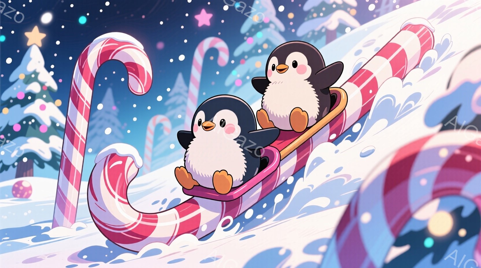 雪景色の中に、キャンディケーンの滑り台を滑るペンギンの親子が描かれています。ペンギンたちは、ピンクと白の縞模様の滑り台から勢いよく滑り降り、楽しそうな表情を浮かべています。背景には、雪で覆われた木々と星が散りばめられ、冬の幻想的な雰囲気を醸し出しています。