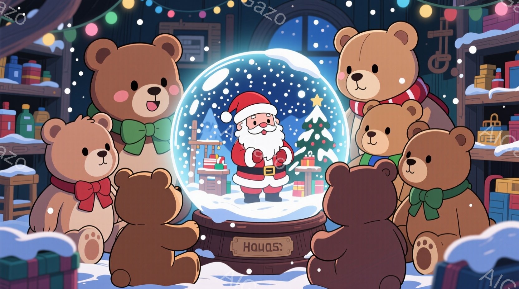 クリスマスのスノーグローブの中にサンタクロースが立っており、周囲を可愛らしいクマのぬいぐるみたちが取り囲んでいます。クマたちはそれぞれ赤いリボンや緑のリボンで装飾され、楽しそうな表情でスノーグローブを - AI生成フリー素材