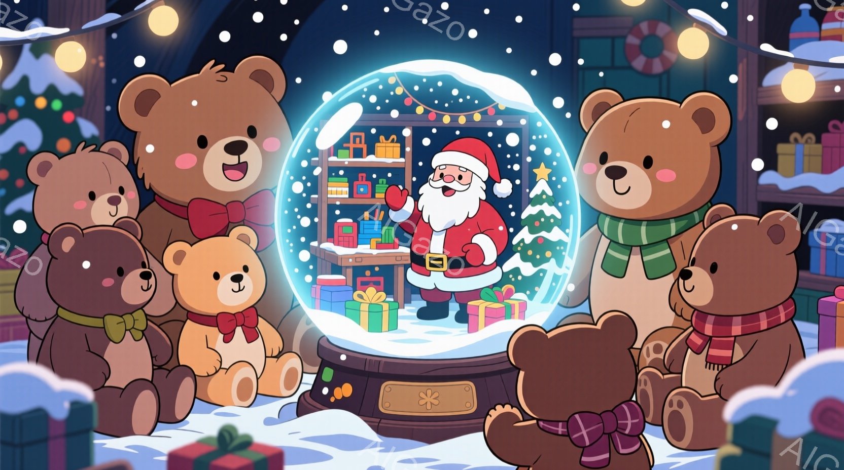 雪景色の中に、様々な色の小さなクマの置物が可愛らしく並んでいます。中央には、暖かい光を放つランタンを持った大きな白いクマが立っており、雪の迷路のような背景が幻想的な雰囲気を醸し出しています。全体的に暖かく、クリスマスのような祝祭的なムードが漂っています。