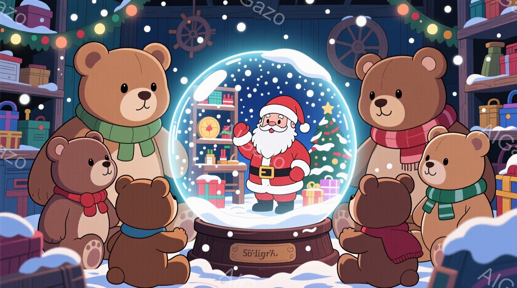 クリスマスの雪の結晶が舞う中で、サンタクロースがプレゼントが並んだ店内で笑顔で立っている様子が捉えられています。彼を取り囲むように、緑のストールを巻いた可愛らしいテディベアたちが、雪球の周りに集まって、サンタクロースを見守っています。全体的に温かく、祝祭的な雰囲気が漂い、クリスマスの喜びを表現しています。