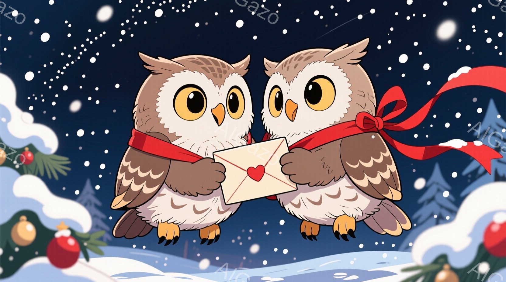 ふたりのフクロウが、赤いリボンを首に巻き、互いに手紙を渡そうとしています。雪が舞う冬の背景には、クリスマスツリーのような緑の木々と赤いオーナメントが見え、ロマンチックで温かい雰囲気を醸し出しています。 - AI生成フリー素材