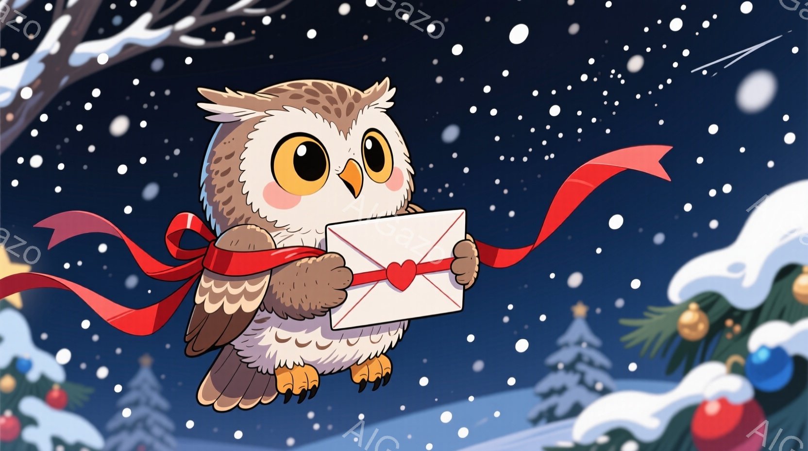 雪が降る夜の背景に、手紙を持ったフクロウが描かれています。フクロウは丸い目と優しい表情で、赤いリボンで結ばれた手紙を両手で抱えています。背景には雪に覆われた木々があり、温かく、お祝いの雰囲気を醸し出しています。