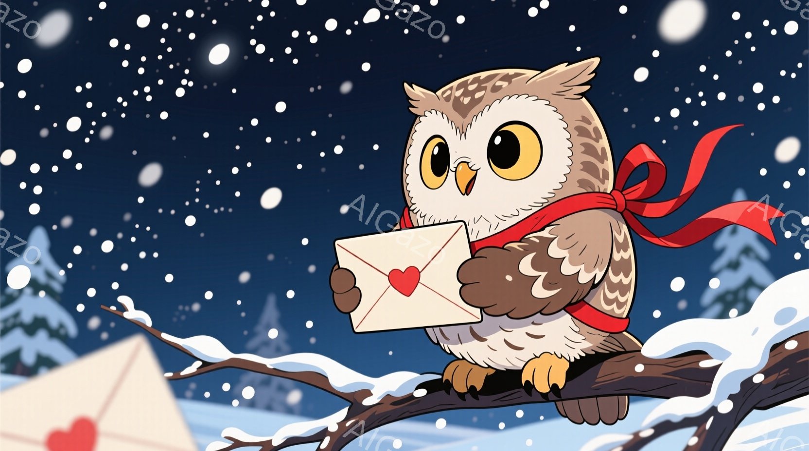 雪が降る夜の情景で、可愛らしいフクロウが木の枝に止まっています。赤いスカーフを首に巻き、片手にハートの模様が入った手紙を持っています。背景には雪で覆われた家並みが見え、温かくロマンチックな雰囲気を醸し - AI生成フリー素材