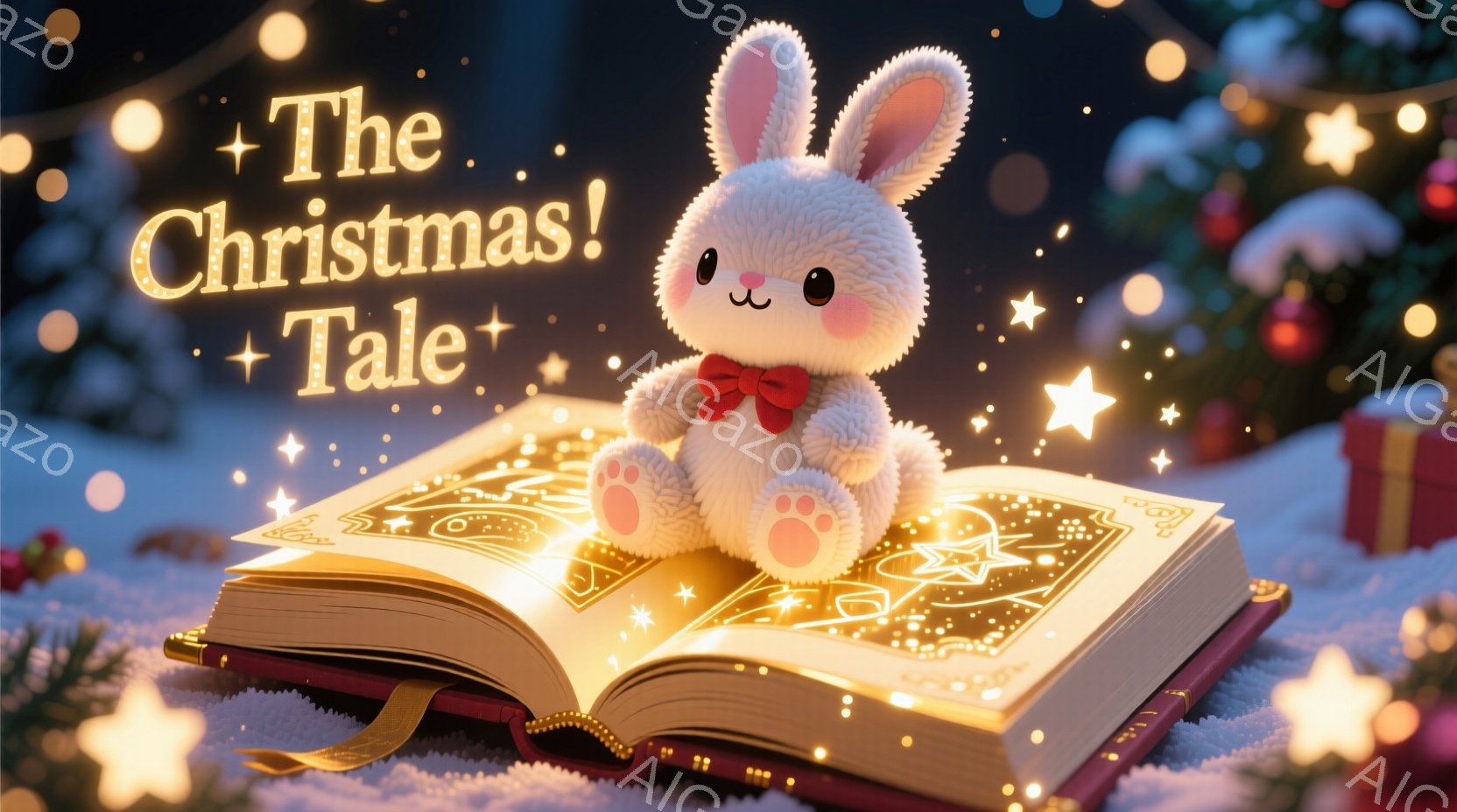 白い毛並みのうさぎが、開かれた古書の上で可愛らしく座っています。赤いリボンを首に結び、丸い目に輝きがあり、まるで物語の世界から飛び出してきたかのようです。背景にはぼんやりとクリスマスツリーが見え、星屑が舞う幻想的な雰囲気が広がっています。